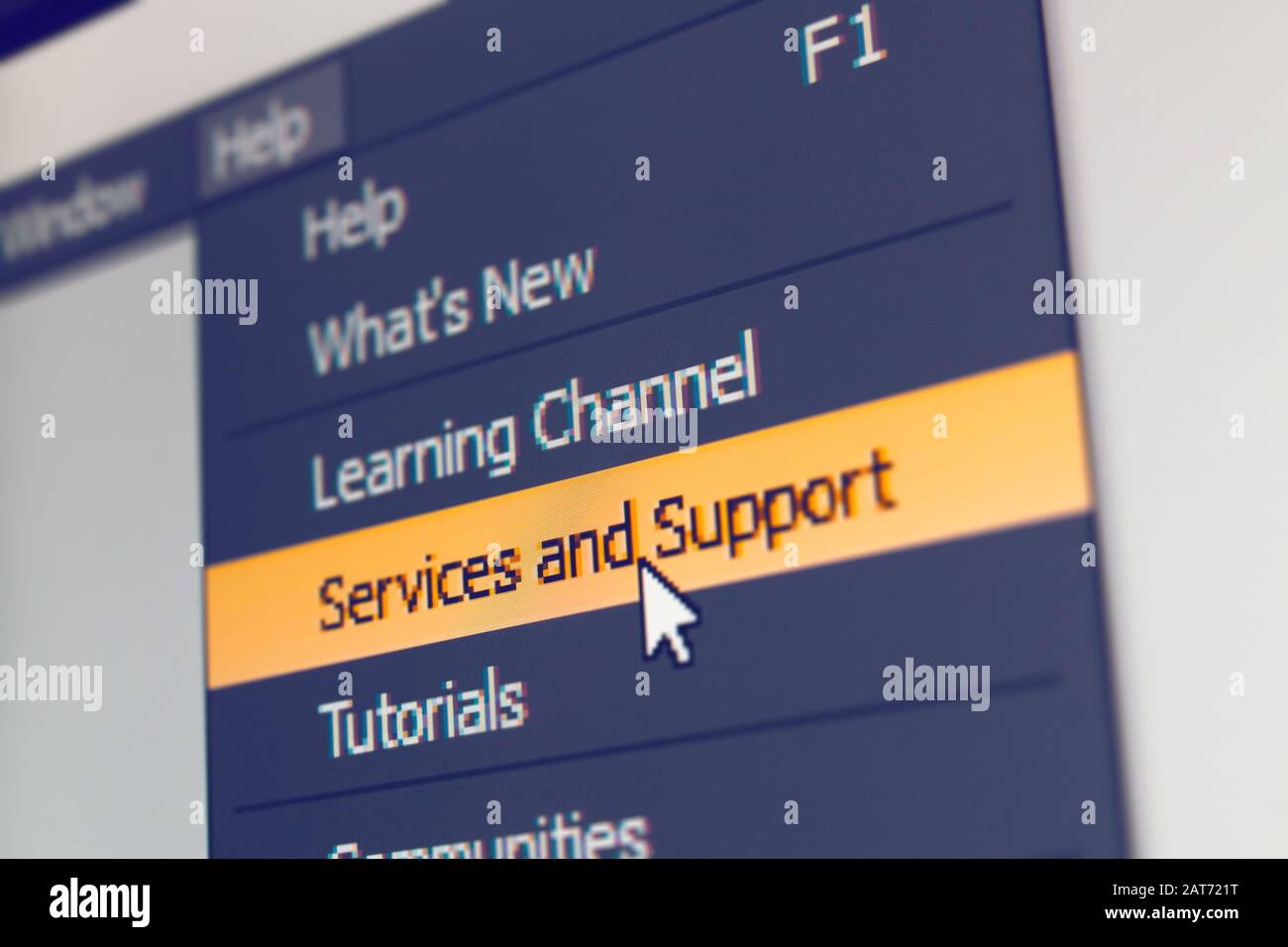 Software menu item with support and service command highlighted and mouse cursor selected it Stock Photo