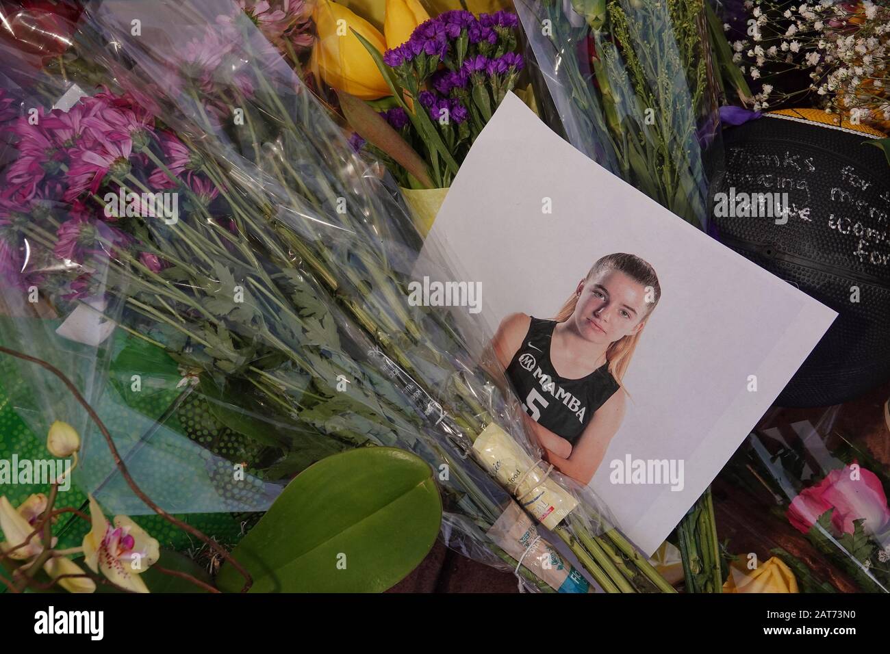 Thousand Oaks, California, USA. 30th Jan, 2020. A photo of Alyssa Altobelli, was among the memorial tribute at the Mamba Sports Academy. Altobelli was one of nine victims of a helicopter crash in Calabasas as they were headed to the Mamba Sports Academy for a basketball game. Credit: KC Alfred/ZUMA Wire/Alamy Live News Stock Photo