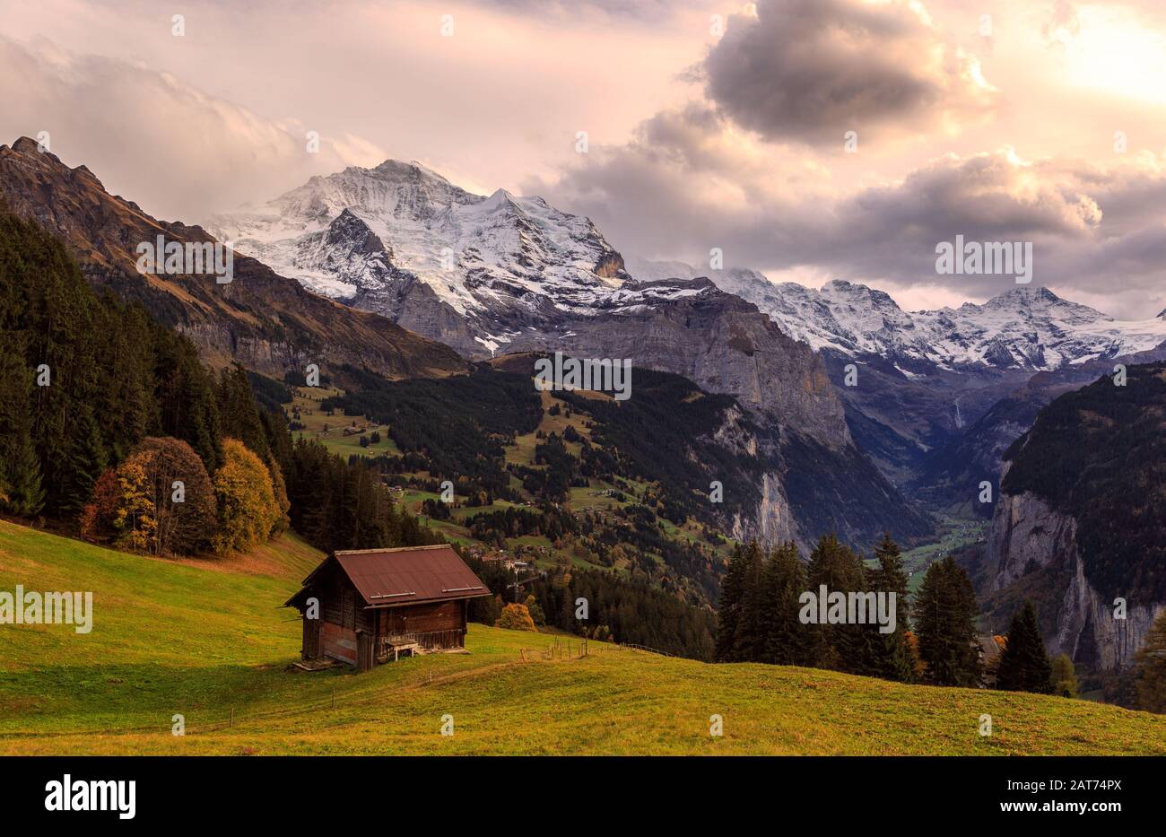View from the village of winged into lauterbrunnen valley / Blick von Wengen ins Lauterbrunnental Stock Photo