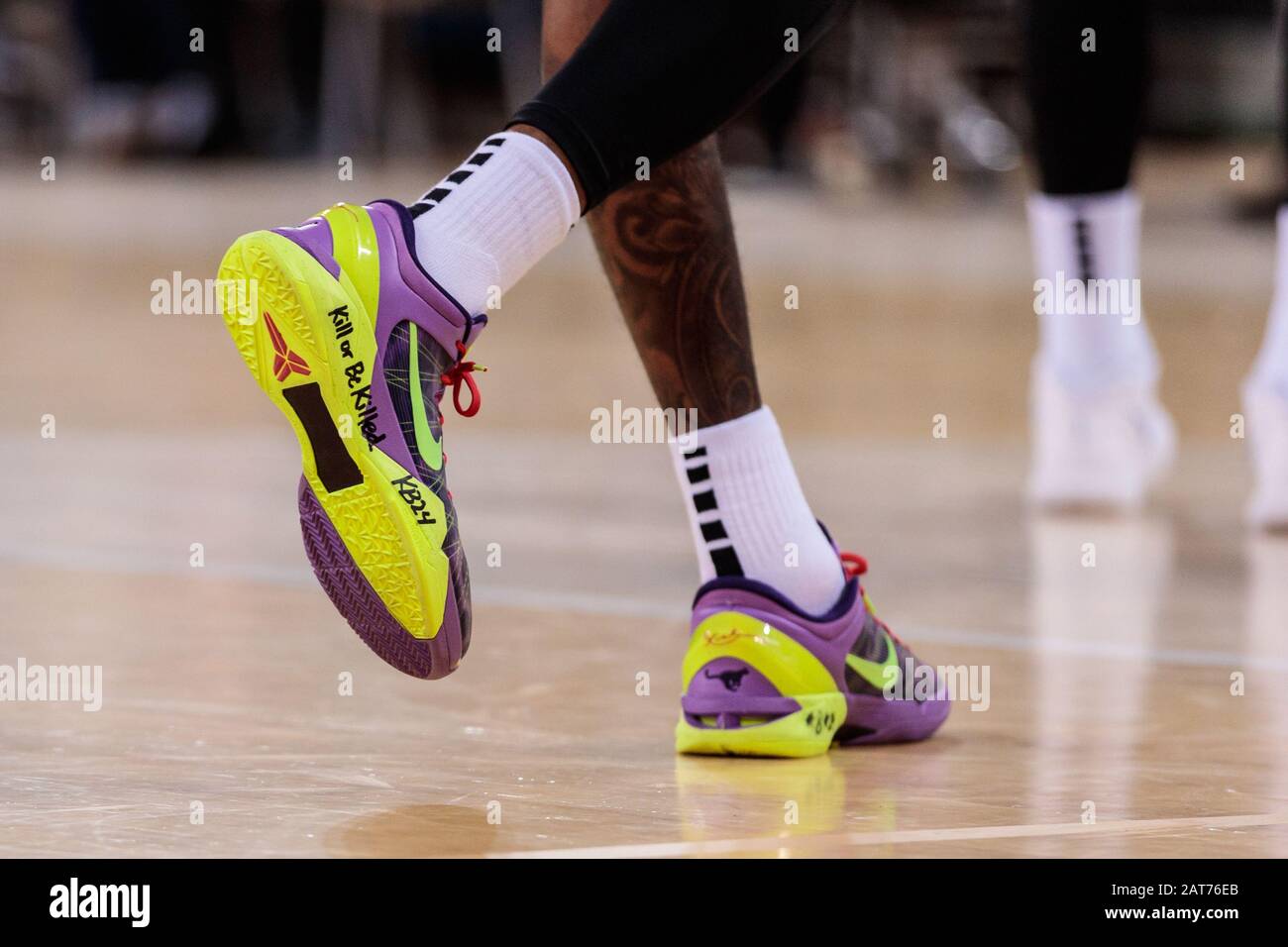 BARCELONA, SPAIN - JANUARY 30: Kobe and Gigi Bryant tribute in the shoes of  the players during the EuroLeague basketball match played between FC  Barcelona Lassa and Zenit St Petersburg at Palau
