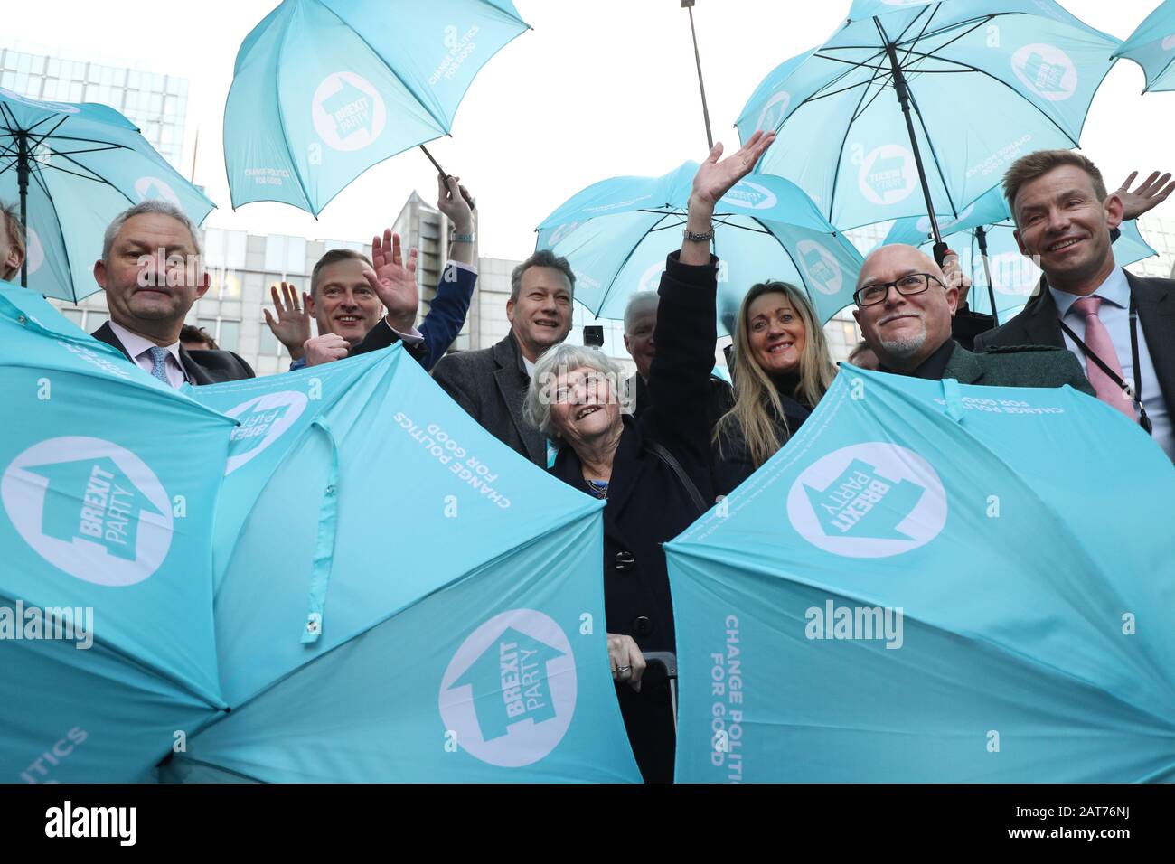 Ann Widdecombe (centre) member of the European Parliament (MEP) for South West England, reacts with other members of the Brexit party as they leave en masse from the European Parliament in Brussels, Belgium, ahead of the UK departing the European Union at 11pm on Friday. Stock Photo
