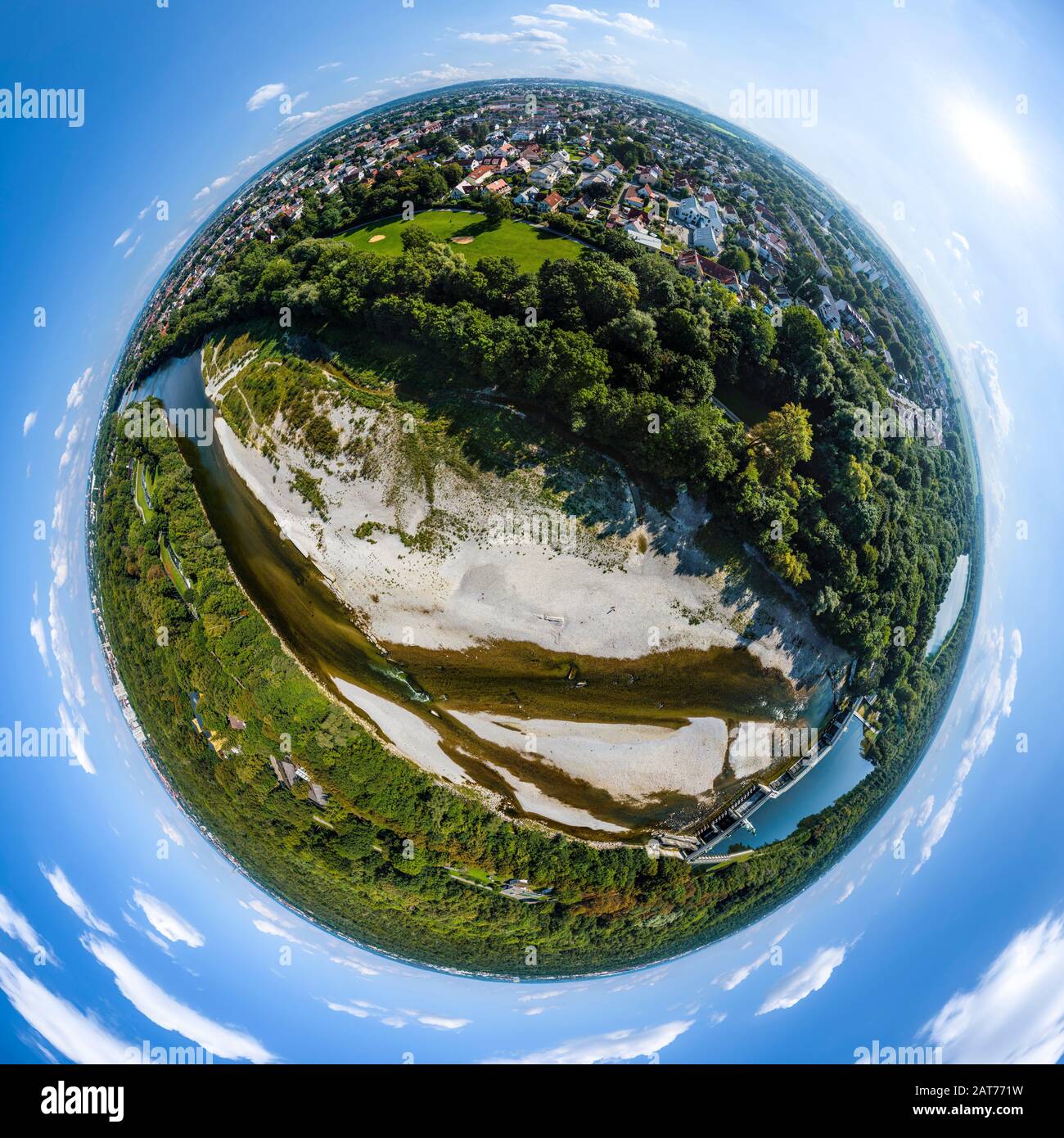 Little Planet view of Lech with Hochablass, Kuhsee, Eiskanal and Augsburg  city forest Stock Photo - Alamy