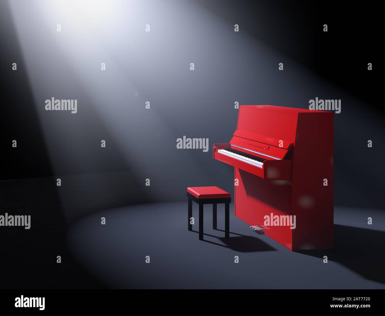 Red classical upright piano with chair on stage illuminated by ray of light  Stock Photo - Alamy