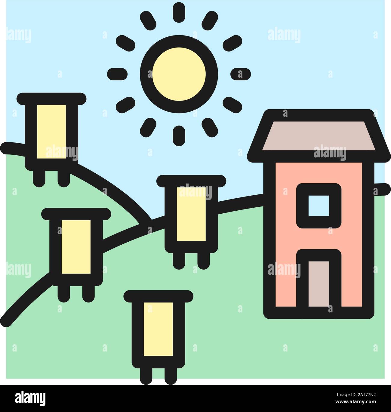 Apiary, hives on field flat color line icon. Stock Vector