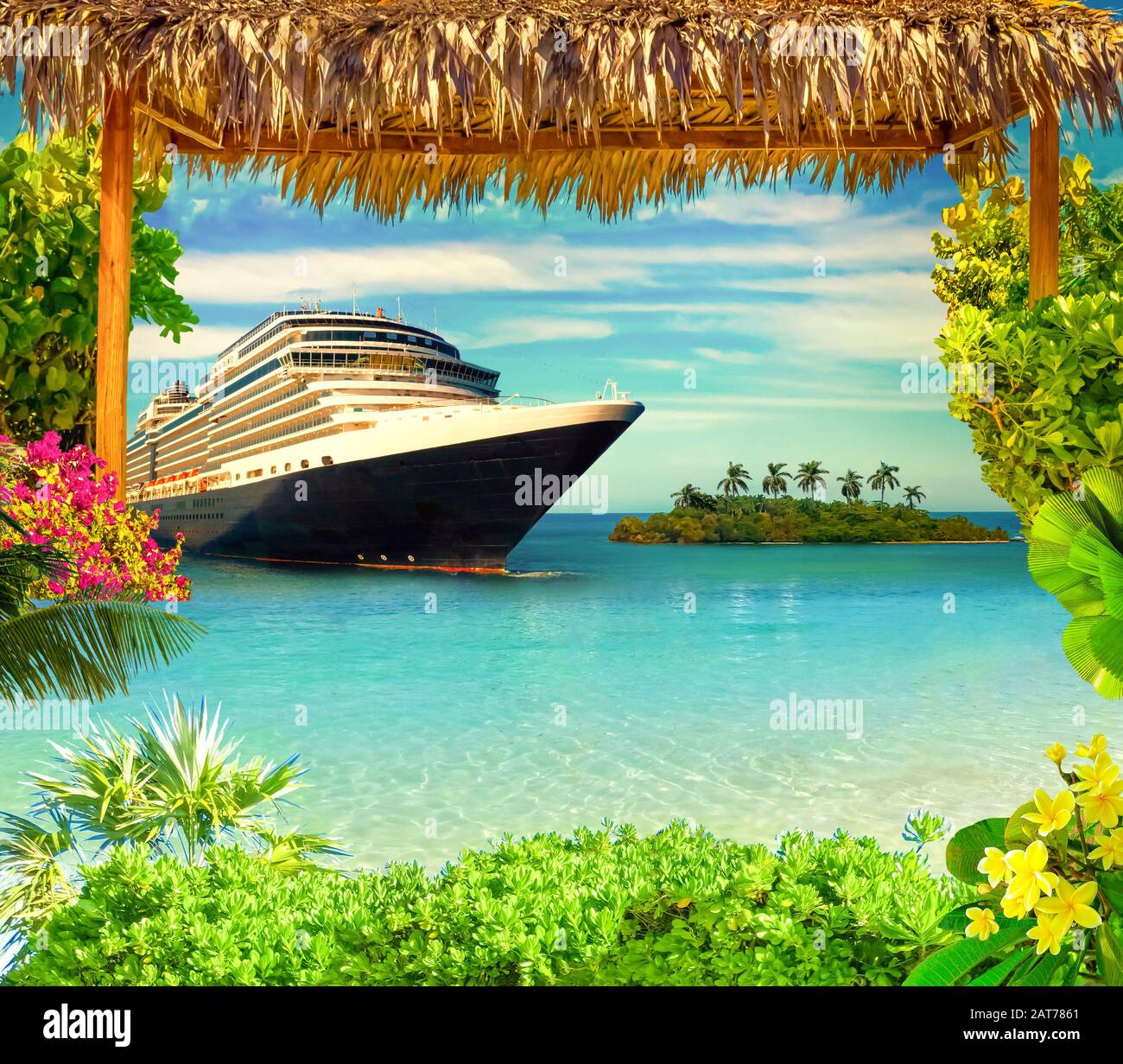 Happy cruise concept. Abstract cruise ship, small island and tropical
