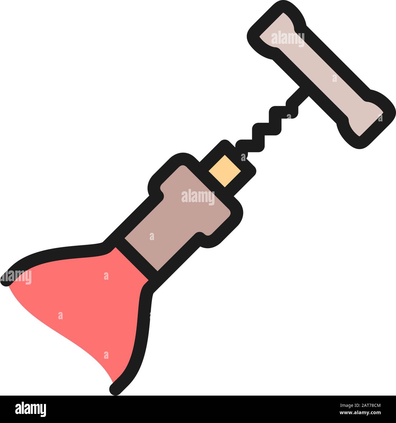 Vector bottle open with corkscrew flat color line icon. Stock Vector