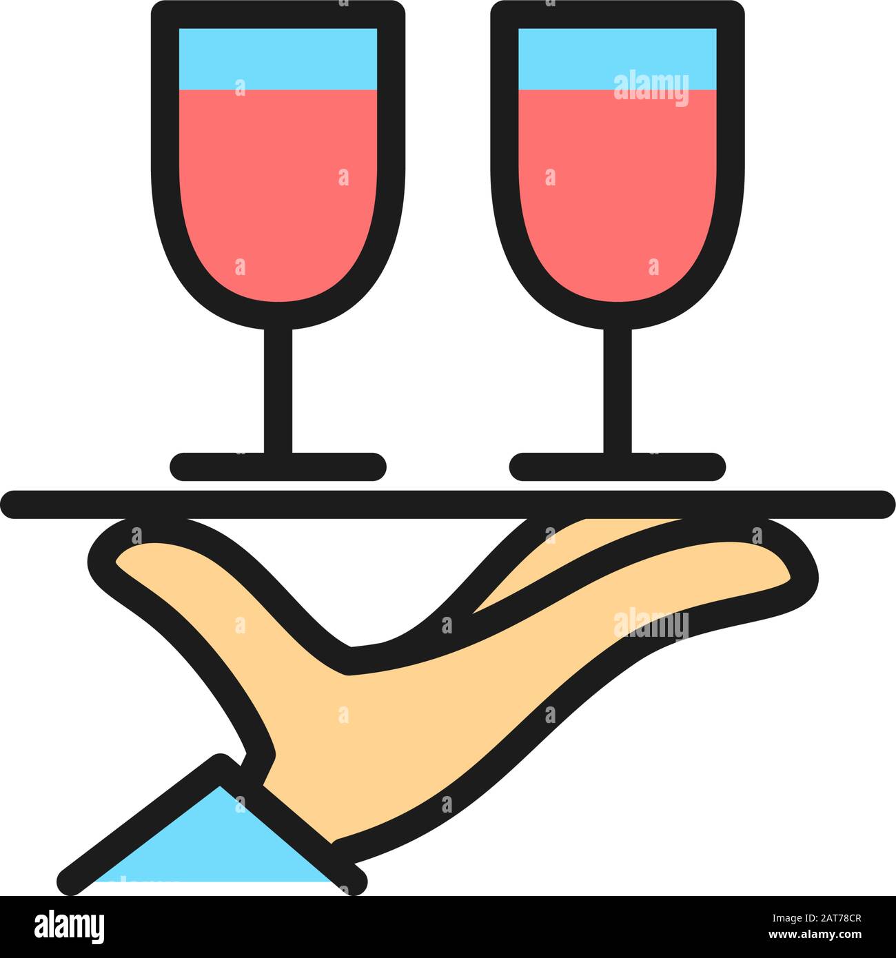 Vector hand holds two glasses flat color line icon. Stock Vector