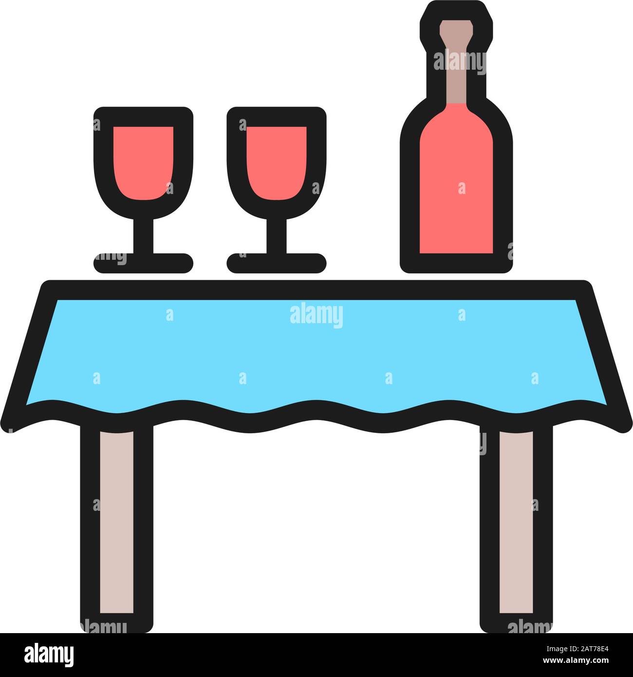 Table with bottle of wine and glasses flat color line icon. Stock Vector