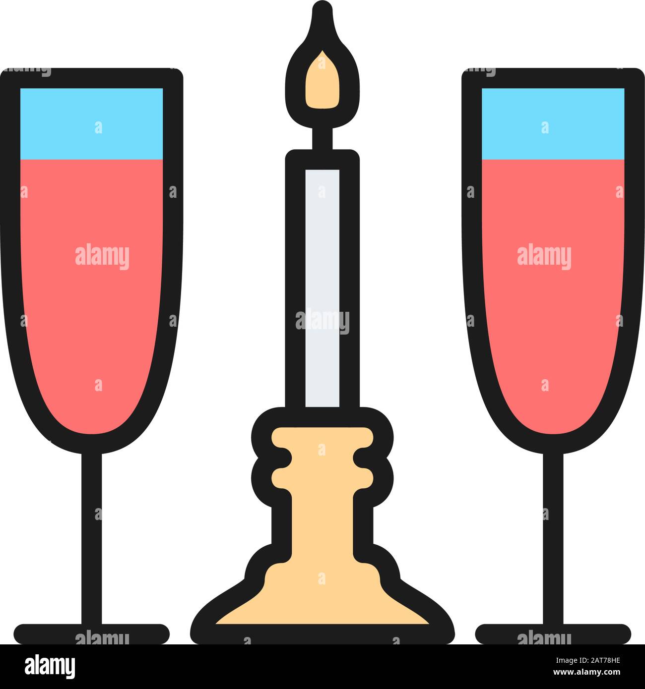 Two glasses with candle, romance flat color line icon. Stock Vector