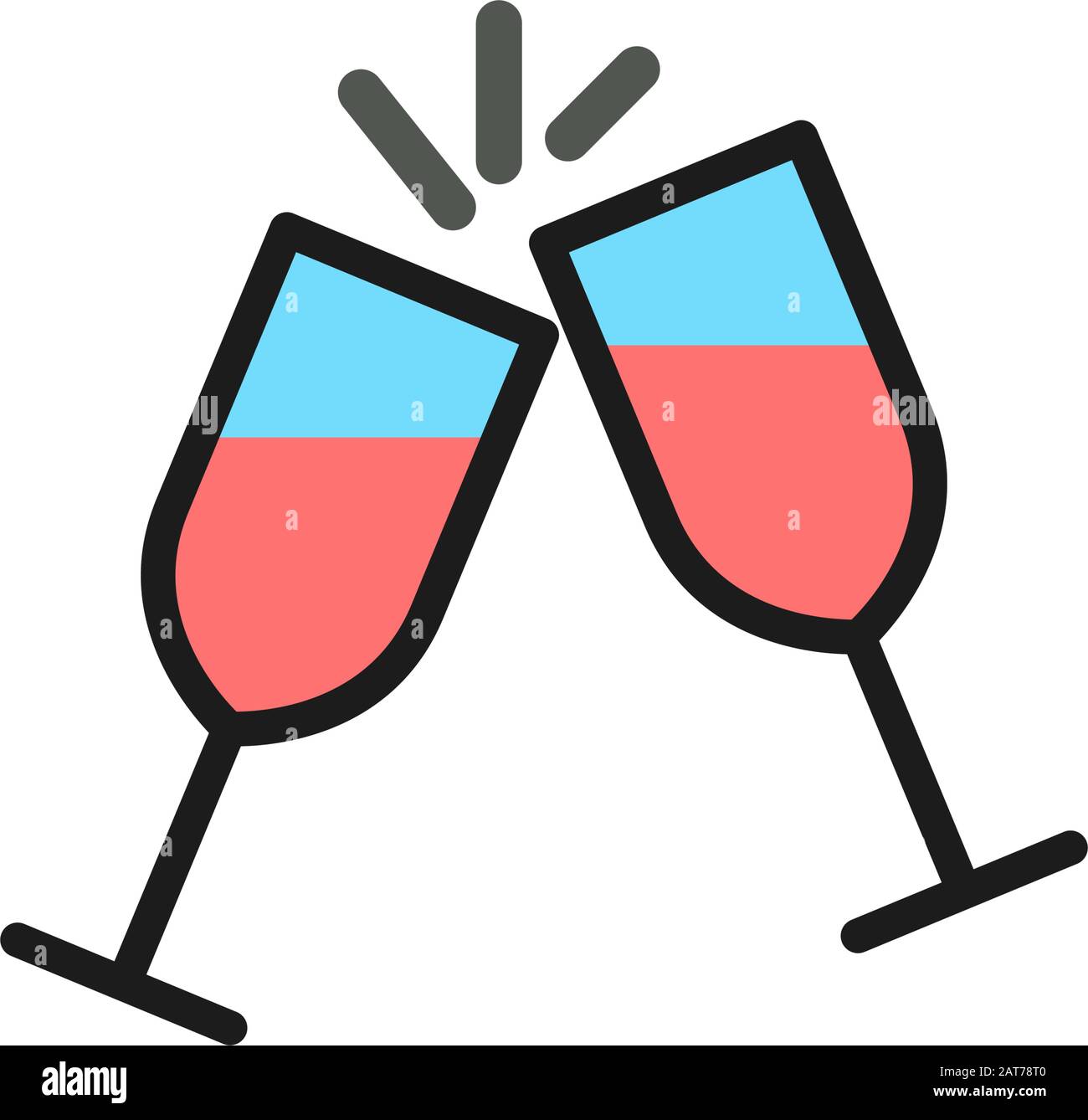 Vector two glasses clink flat color line icon. Stock Vector