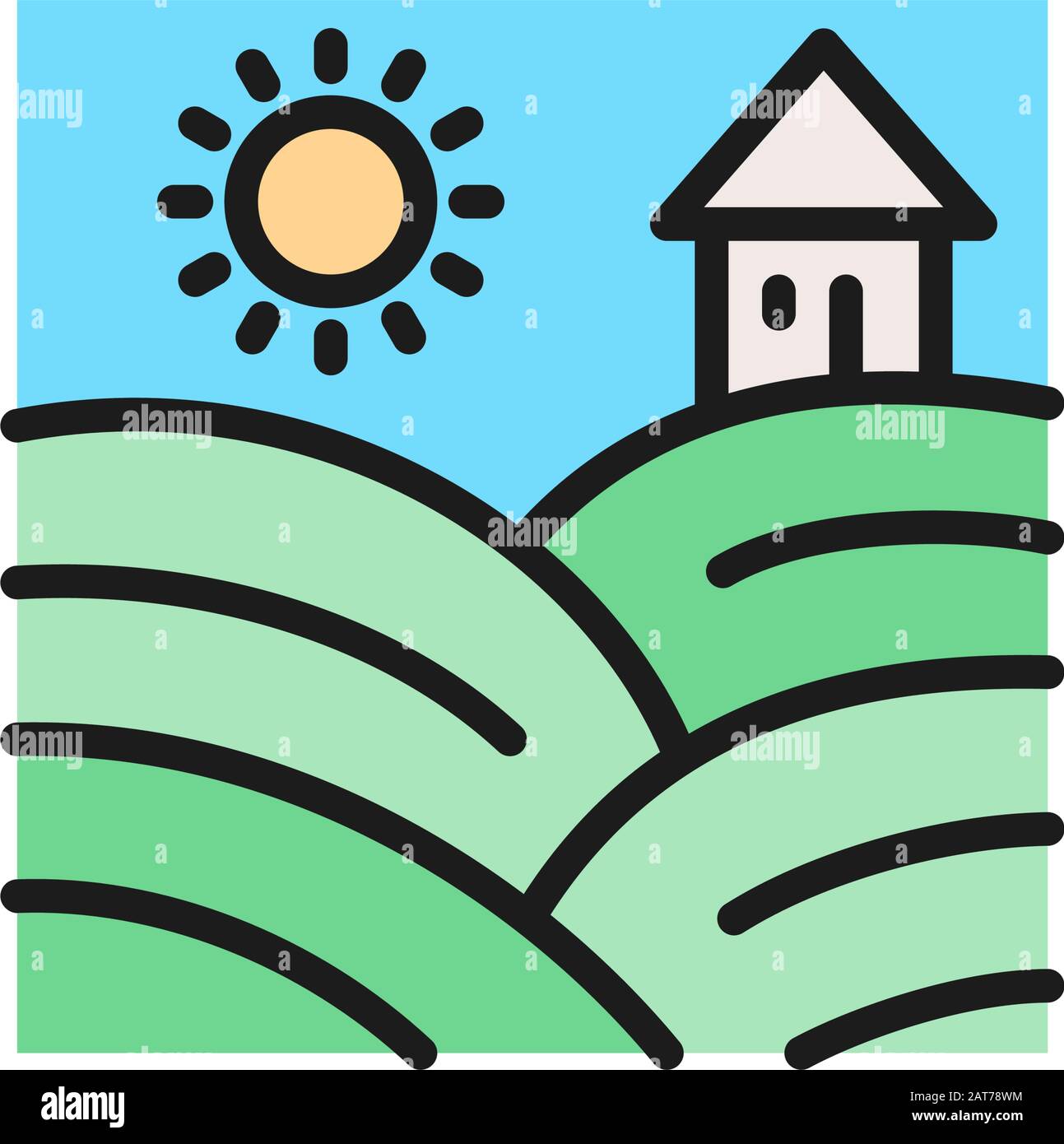 Vector vineyard fields with grapes flat color line icon. Stock Vector