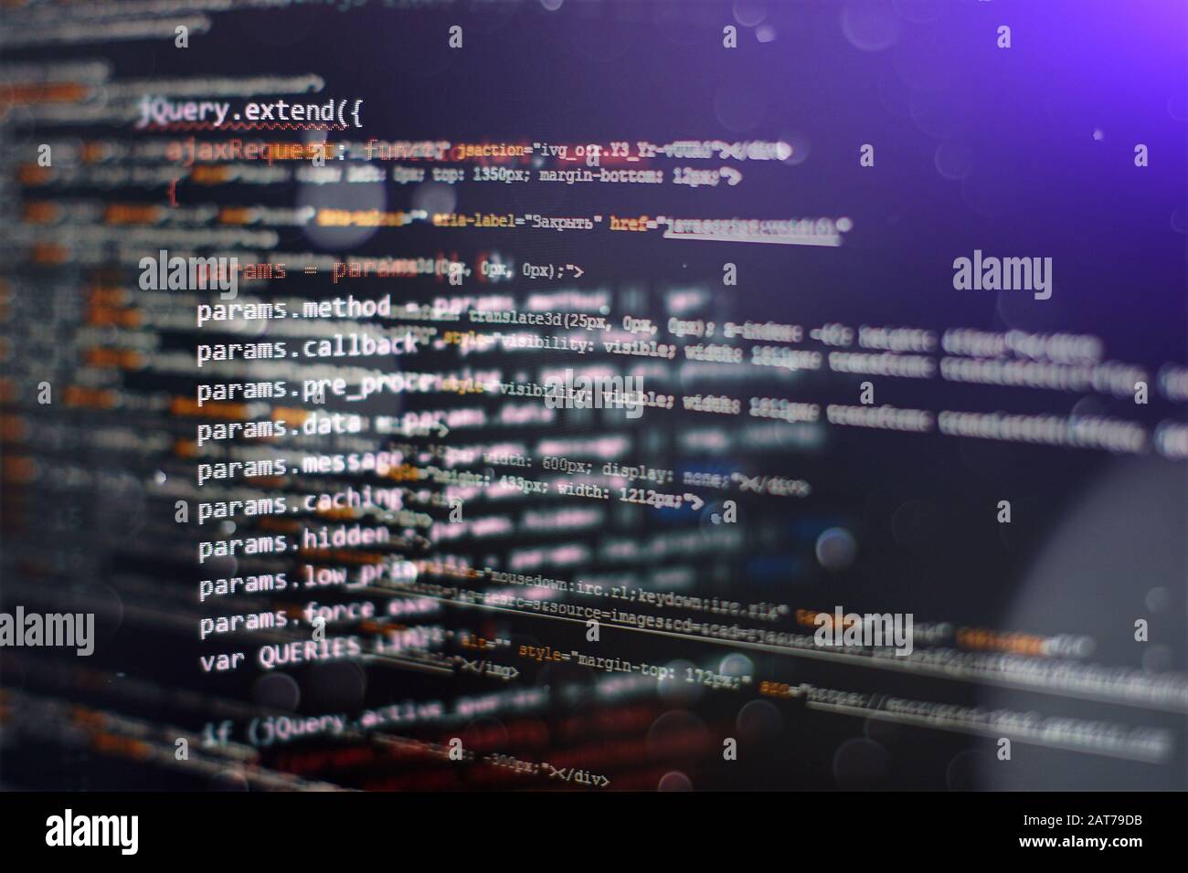 Programming of Internet website. Computer script coding source code on  desktop monitor. Creative Js HTML5 closeup set on background. PC software  creation business. Program development concept Stock Illustration