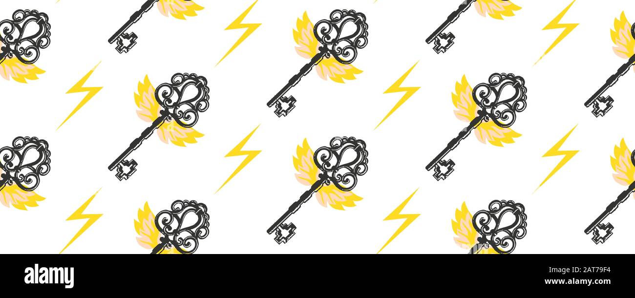 Seamless vector pattern. Vintage key with wings. Magic items. Magic and witchcraft.. Stock Vector