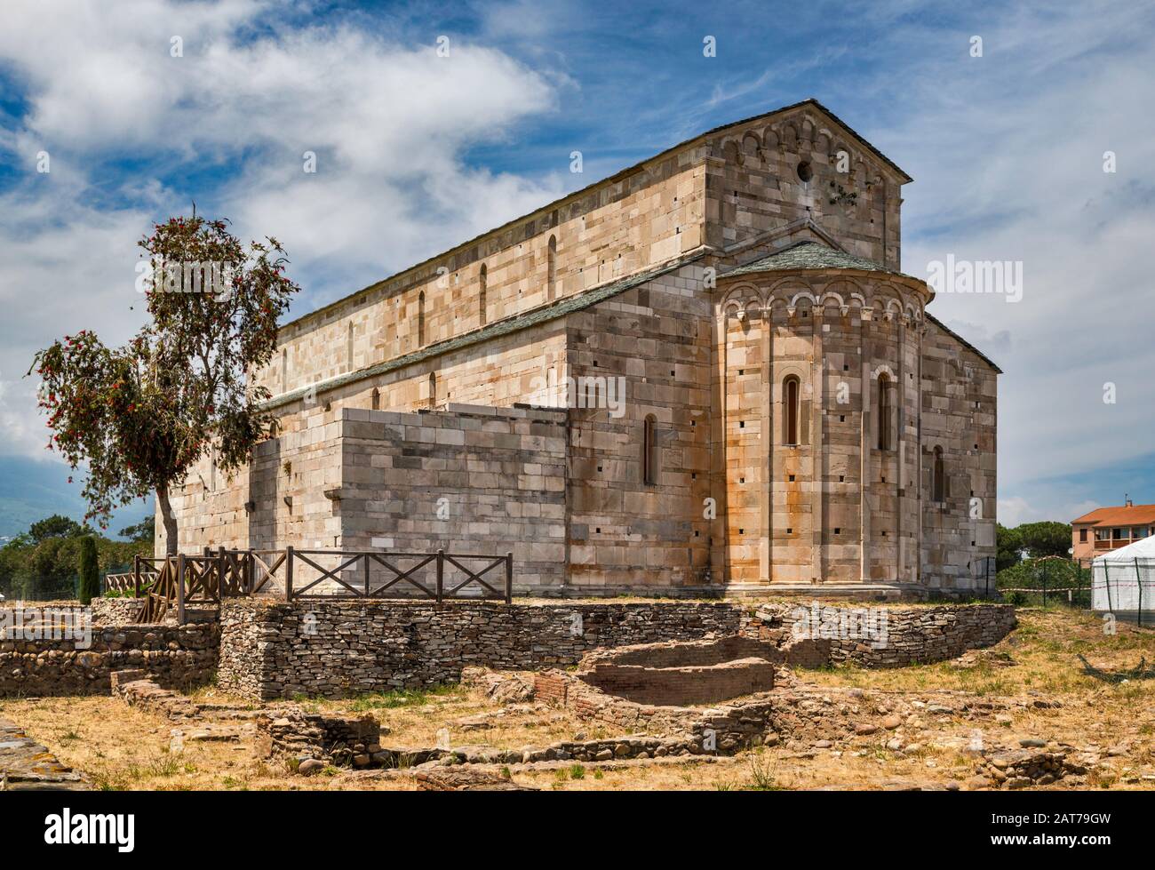 La Canonica aka Lucciana Cathedral, 12th century, Romanesque style, and Mariana archaeological site in Lucciana, Haute-Corse, Corsica, France Stock Photo