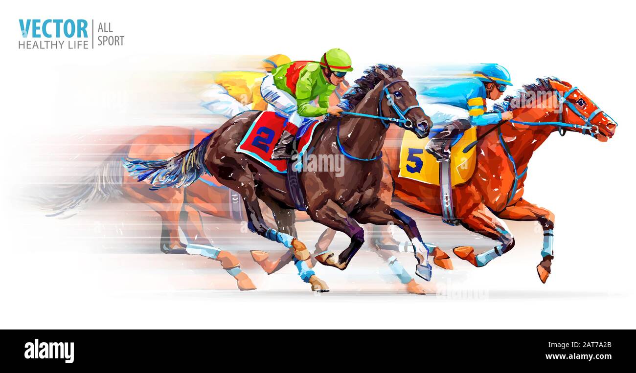 Three racing horses competing with each other, with motion blur to