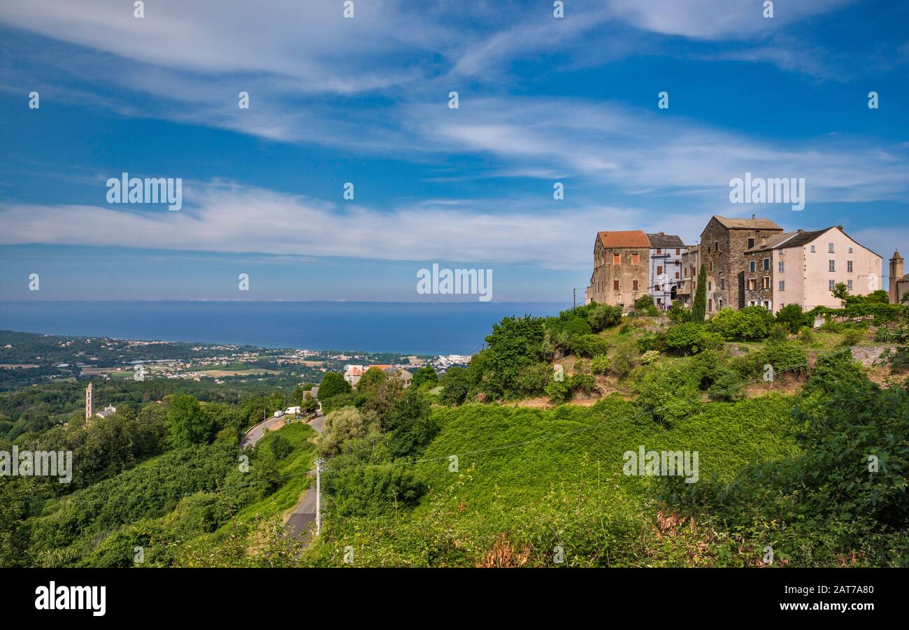 Hill town of San Nicolao, Church of Saint-Nicolas, Costa Verde sea coast, Tyrrhenian Sea, Castagniccia, Haute-Corse department, Corsica, France Stock Photo