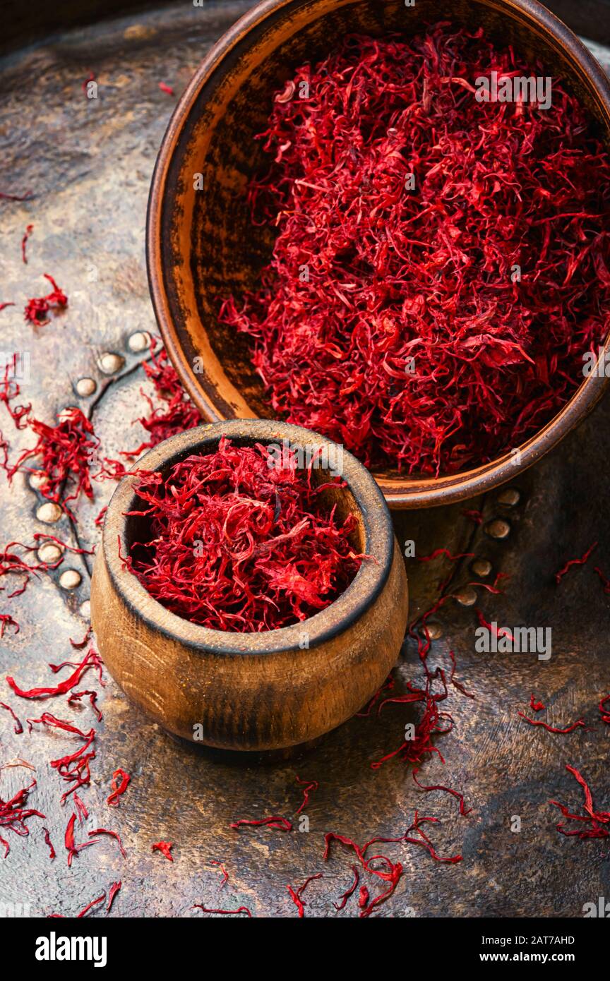 Saffron spice used in food and traditional herbal medicine Stock Photo