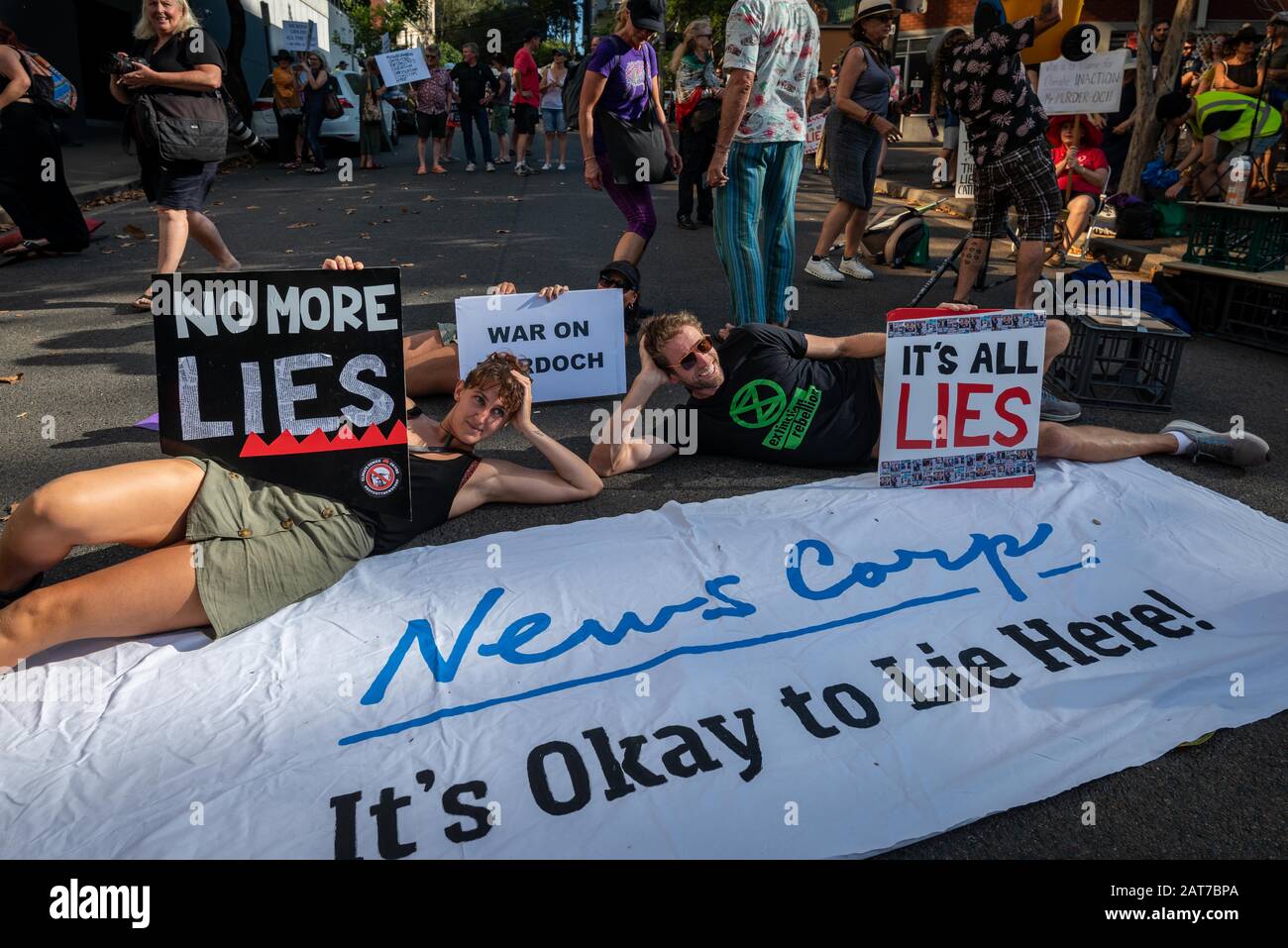 Sydney, NSW, Australia January 31, 2020: Hundreds of  climate activists lie down in front of News Corp Australia calling the Murdoch press liers. Stock Photo
