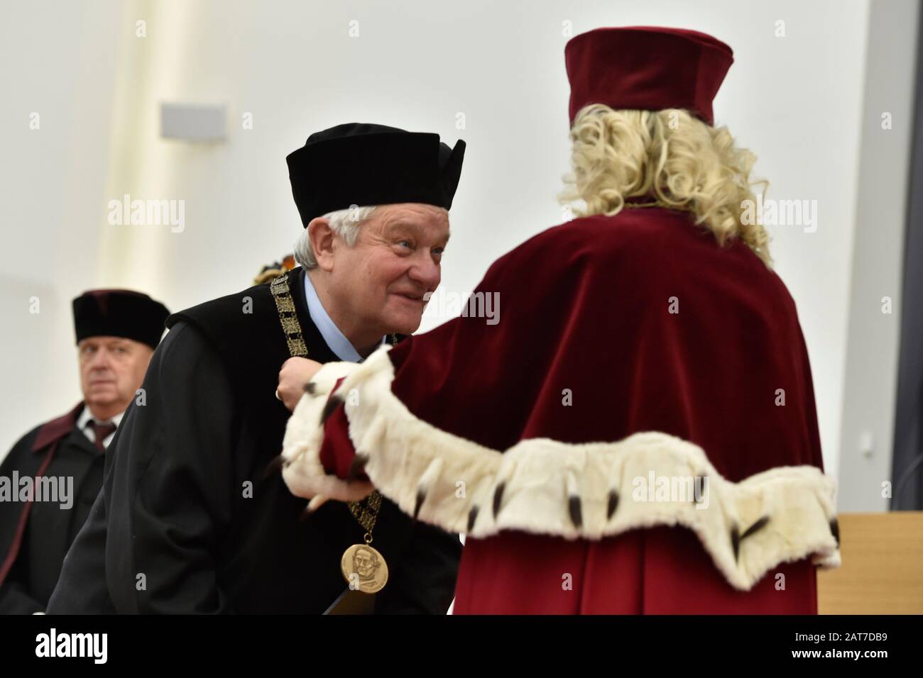 Brno, Czech Republic. 31st Jan, 2020. Danuse Nerudova, right, rector of the Mendel University, awards honorary doctorate to English geneticist and Professor in Microbiology Sir Paul Maxim Nurse, holder of 2001 Nobel Prize in Physiology and Medicine, on January 31, 2020, in Brno, Czech Republic. Credit: Vaclav Salek/CTK Photo/Alamy Live News Stock Photo