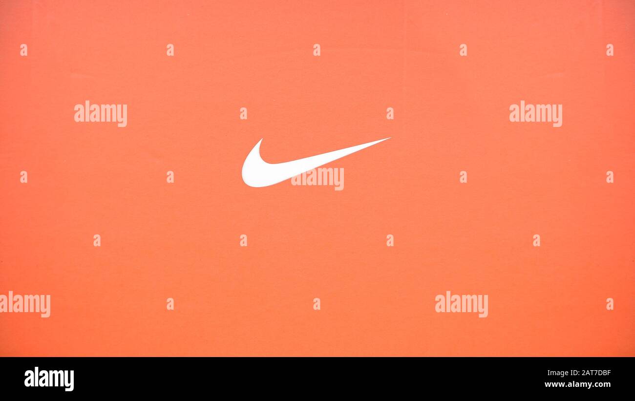 BANGKOK, THAILAND - January 2020 : Nike brand logo on the box of shoes. Nike American company, a world-renowned manufacturer of sports clothing and Stock Photo