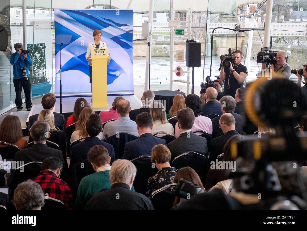 First Minister Nicola Sturgeon delivers a statement to outline the SNP's next steps in the campaign for Scotland to become an independent country at Our Dynamic Earth, Edinburgh, on the day that the UK is set to leave the European Union. Stock Photo
