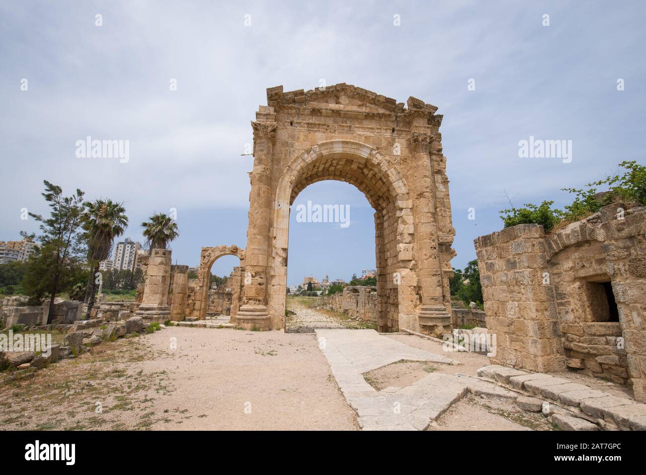 The arch of triumph. Roman remains in Tyre. Tyre is an ancient Phoenician city. Tyre, Lebanon - June, 2019 Stock Photo