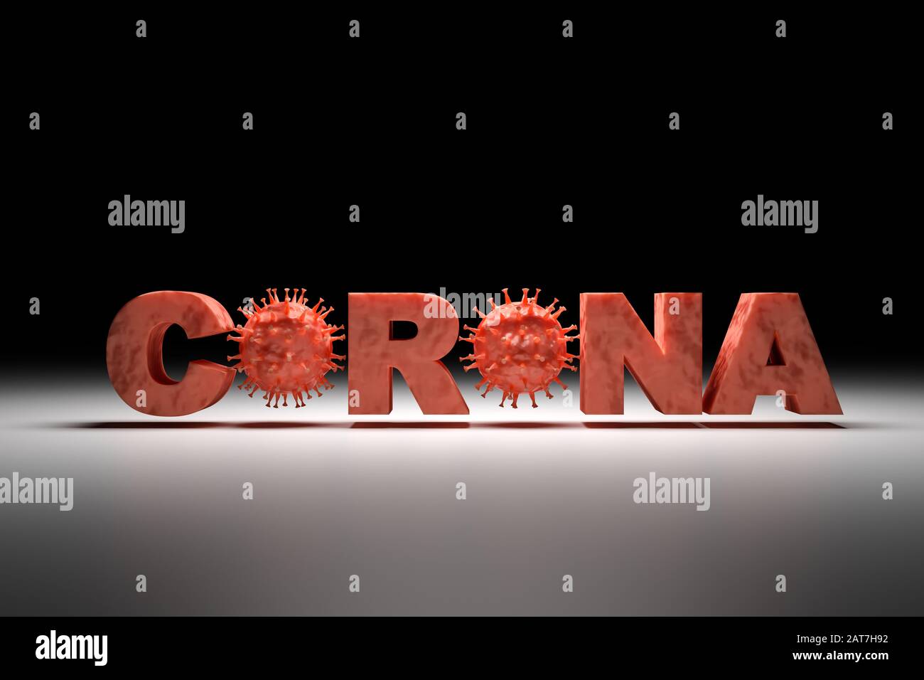 3D render: Corona virus - Schematic image of viruses of the Corona family embedded into the text 'CORONA'. Stock Photo