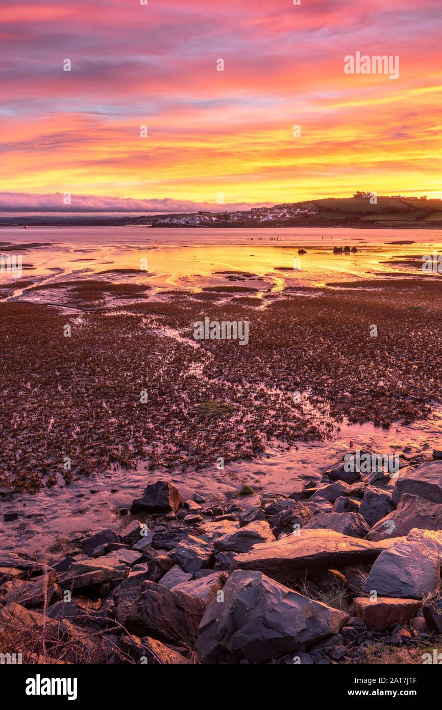 Northam Burrows near Appledore, North Devon, England. Friday 31st January 2020. UK Weather. A new dawn for the UK as it leaves the EU. After a cold night the sunrise is spectacular over the estuary at Northam Burrows near the coastal village of Appledore in North Devonf. Credit: Terry Mathews/Alamy Live News Stock Photo