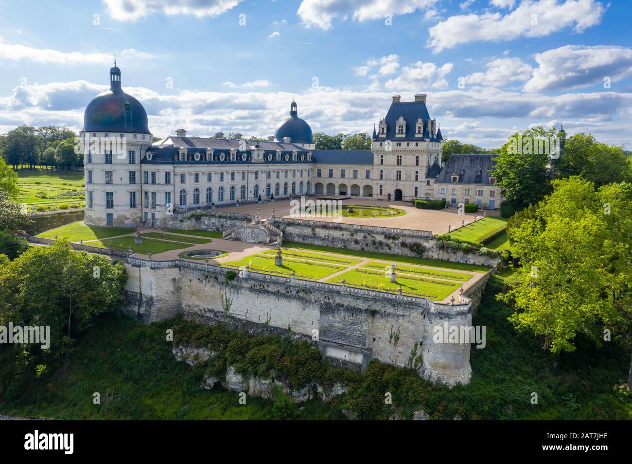 France, Indre, Berry, Valencay, Chateau de Valencay Park and Gardens, castle courtyard and the Jardin de la Duchesse in spring (aerial view) (édition Stock Photo
