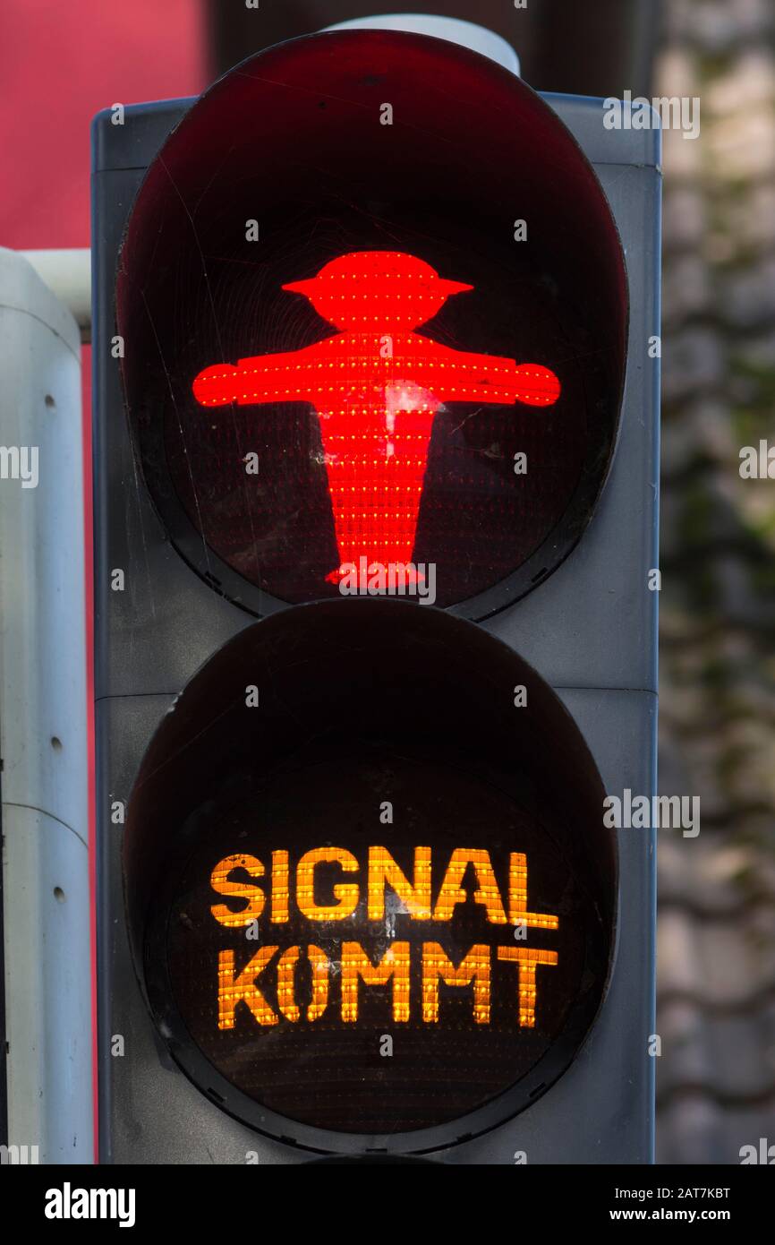 German Red Signal Red traffic light male of a pedestrian traffic light, Darss ...