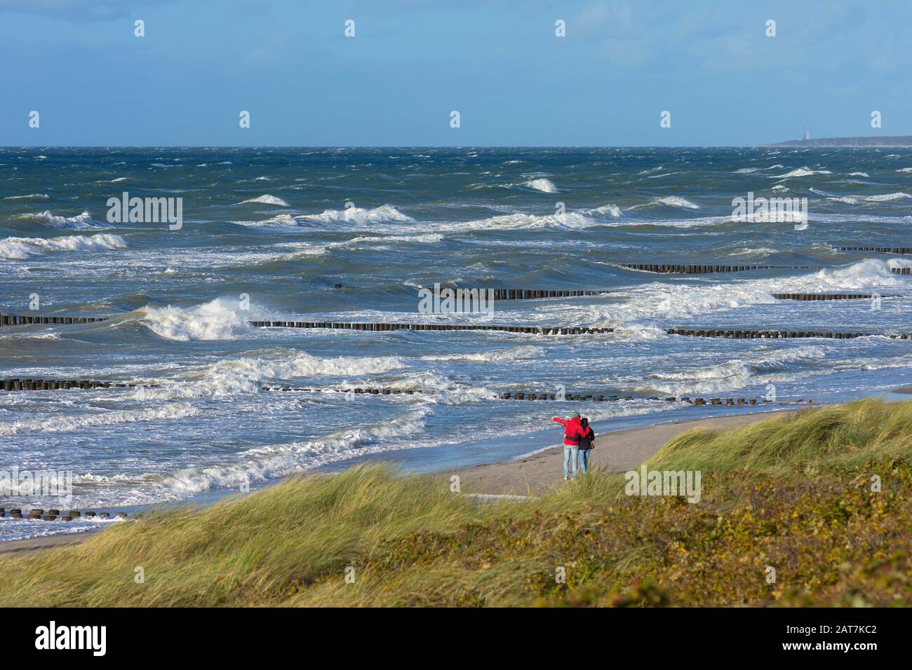 Walker on the beach of the Baltic Sea with waves, stormy weather, Darss, Mecklenburg-Western Pomerania, Germany Stock Photo