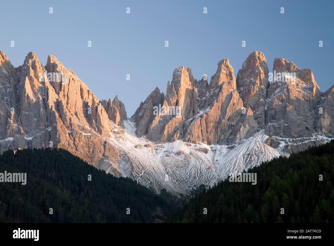 Geisler peaks with first snow, Villnoess valley, Dolomites, South Tyrol, Italy Stock Photo