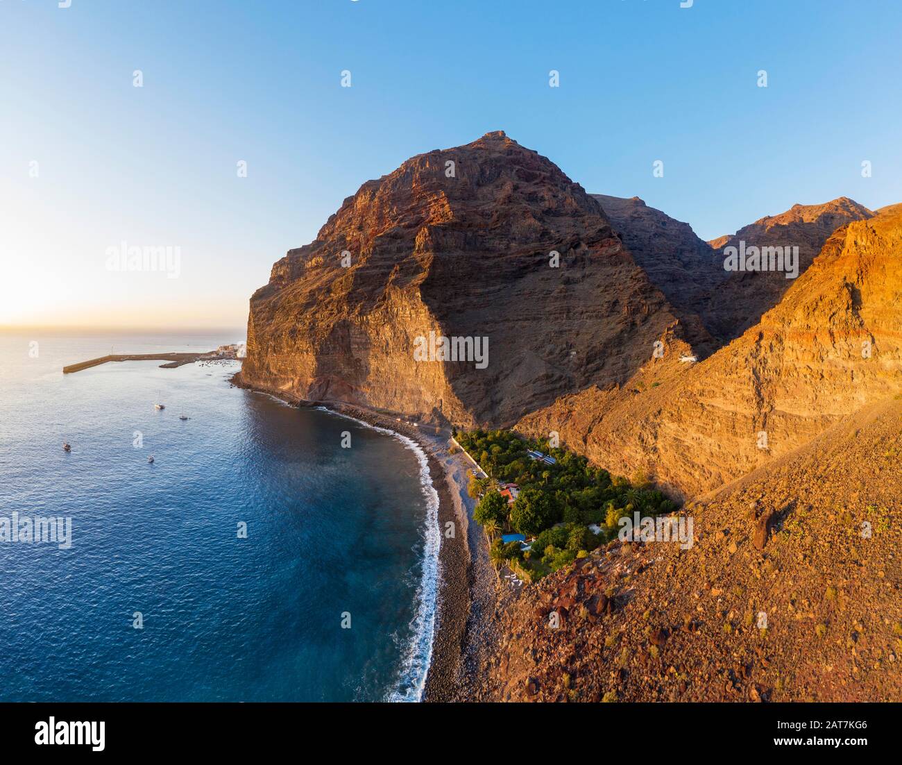 Port of Vueltas, Mount Tequergenche, Beach Playa de Argaga, Argaga Gorge, Valle Gran Rey, Aerial view, La Gomera, Canary Islands, Spain Stock Photo