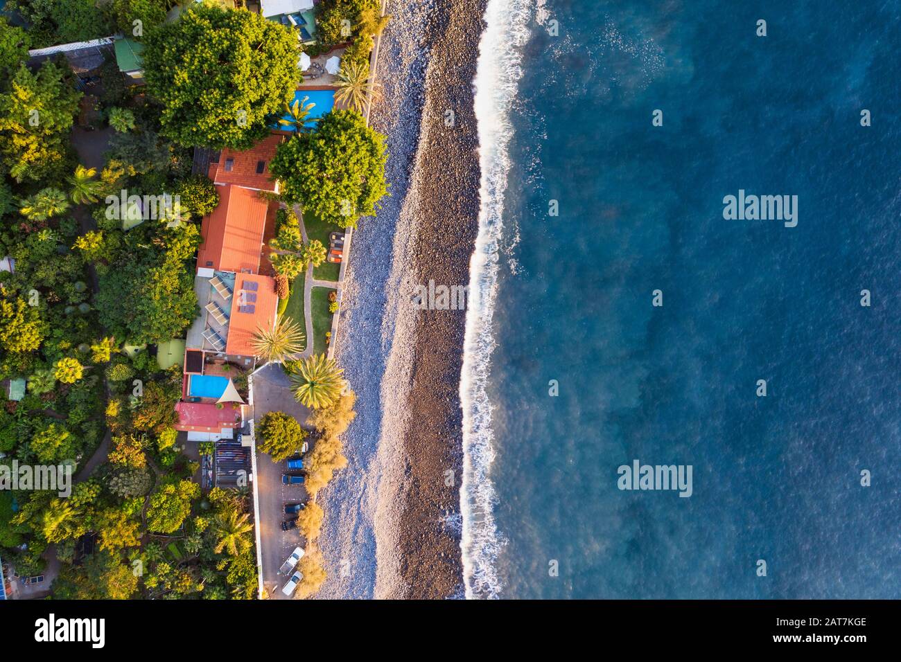 Beach Playa de Argaga and Finca Argayall in the evening light from above, Valle Gran Rey, aerial view, La Gomera, Canary Islands, Spain Stock Photo