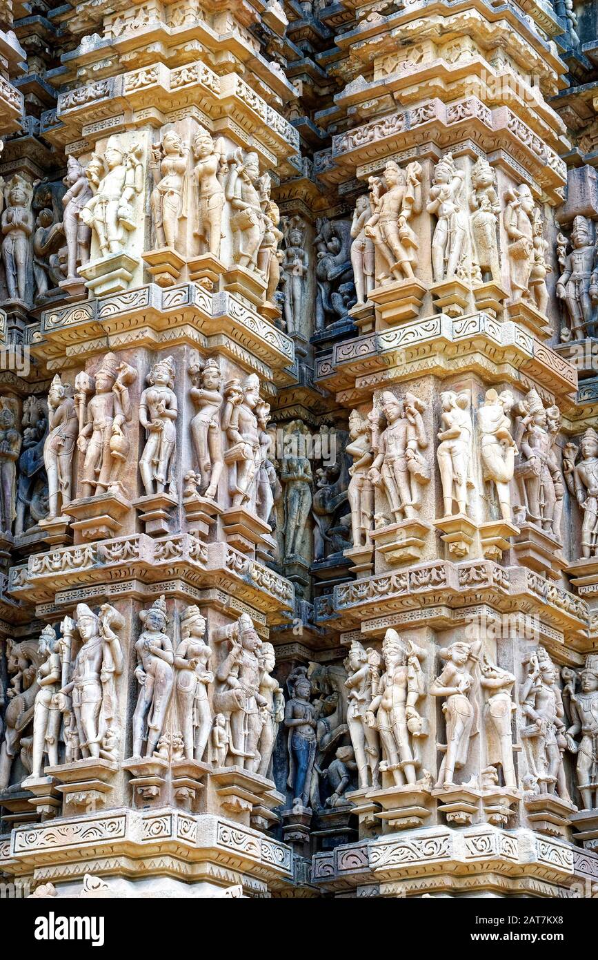 Sculptures on the walls of Kandariya Mahadeva Temple known as the Great God of the Cave, Khajuraho Group of Monuments, Madhya Pradesh state, India Stock Photo