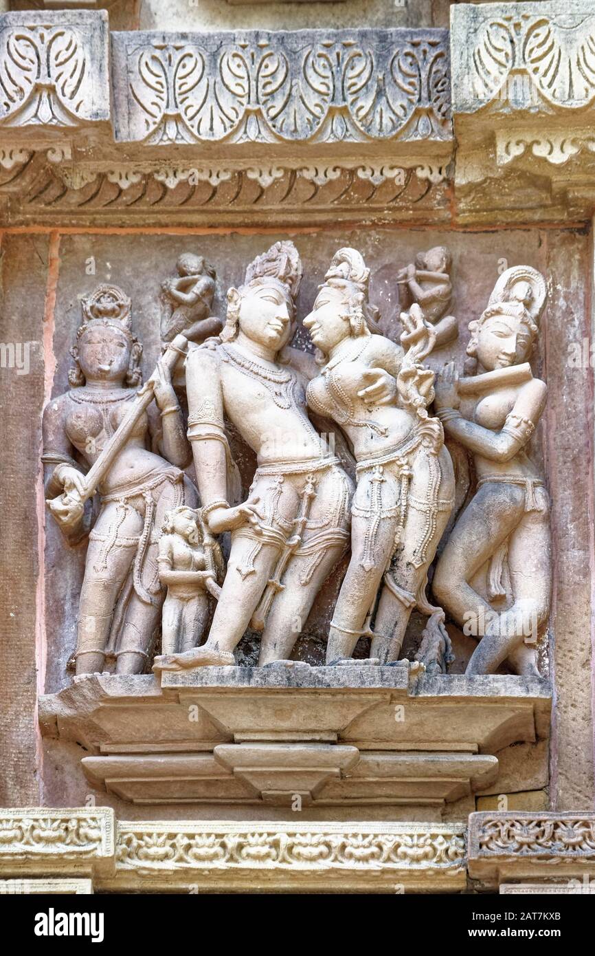 Sculptures on the walls of Lakshmana Temple, Khajuraho Group of Monuments, Madhya Pradesh state, India Stock Photo