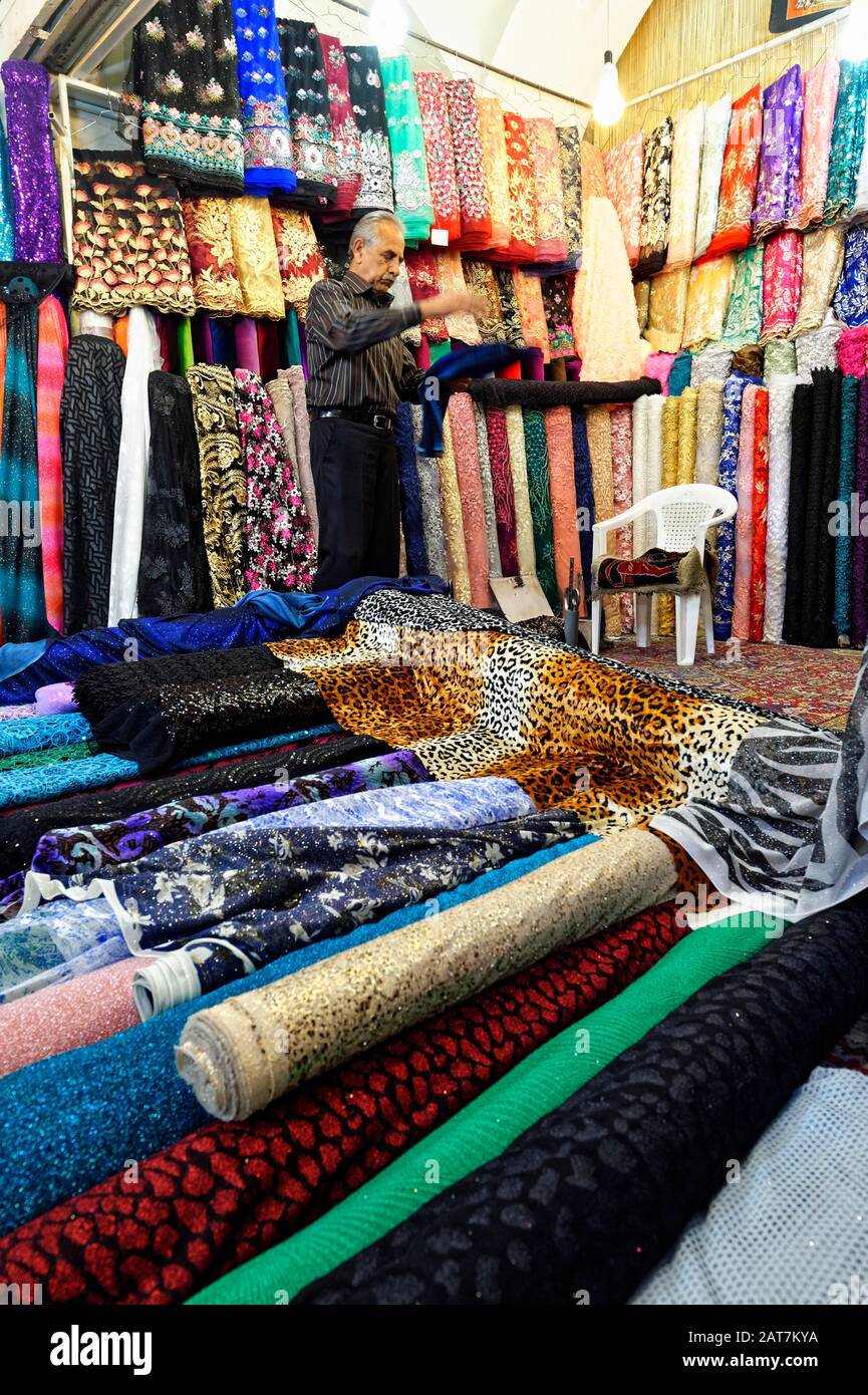 Textile Shop, Bazar-e Vakil or Vakil bazaar, Interior, Shiraz, Iran Stock Photo