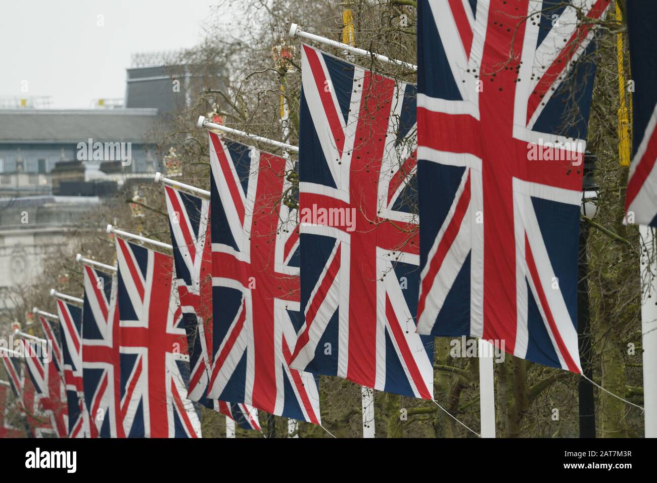 Union flags line The Mall leading to Buckingham Palace in central London on Brexit Day. PA Photo. Picture date: Friday January 31, 2020. Photo credit should read: Kirsty O'Connor/PA Wire Stock Photo