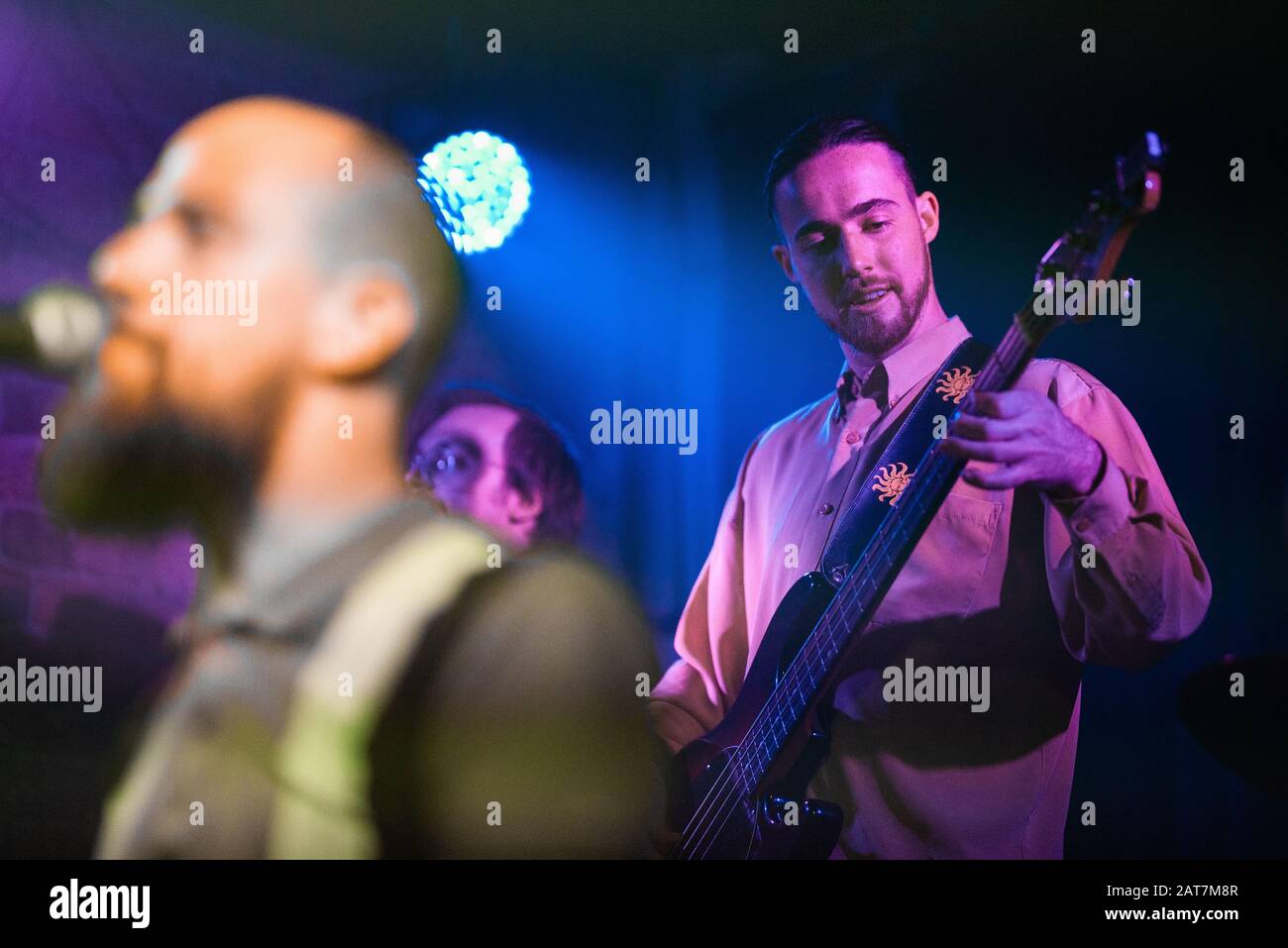Bassist plays with live band Stock Photo