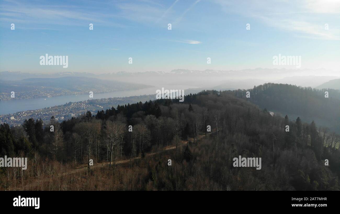 Uetliberg and Lake Zurich made by drone Stock Photo