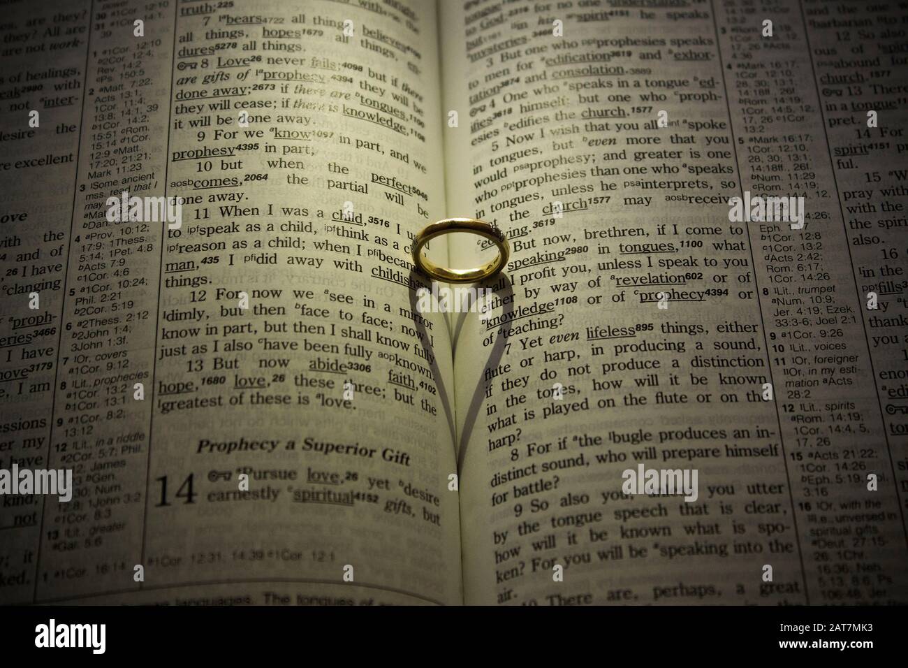 Wedding ring in a bible Stock Photo Alamy