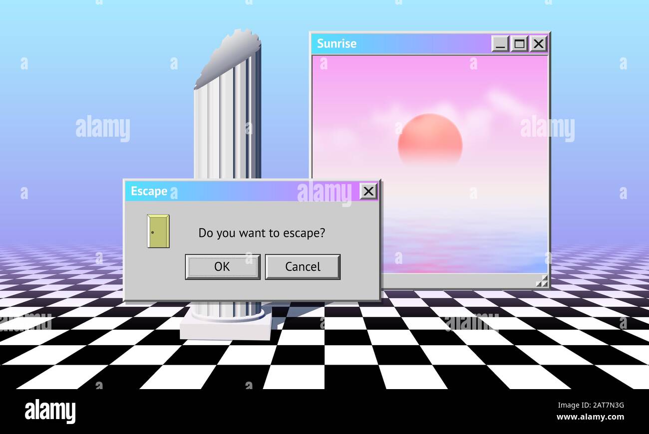 Abstract vaporwave aesthetics computer windows background with 90s style system message window and checkered floor covered with pink and blue mist Stock Vector