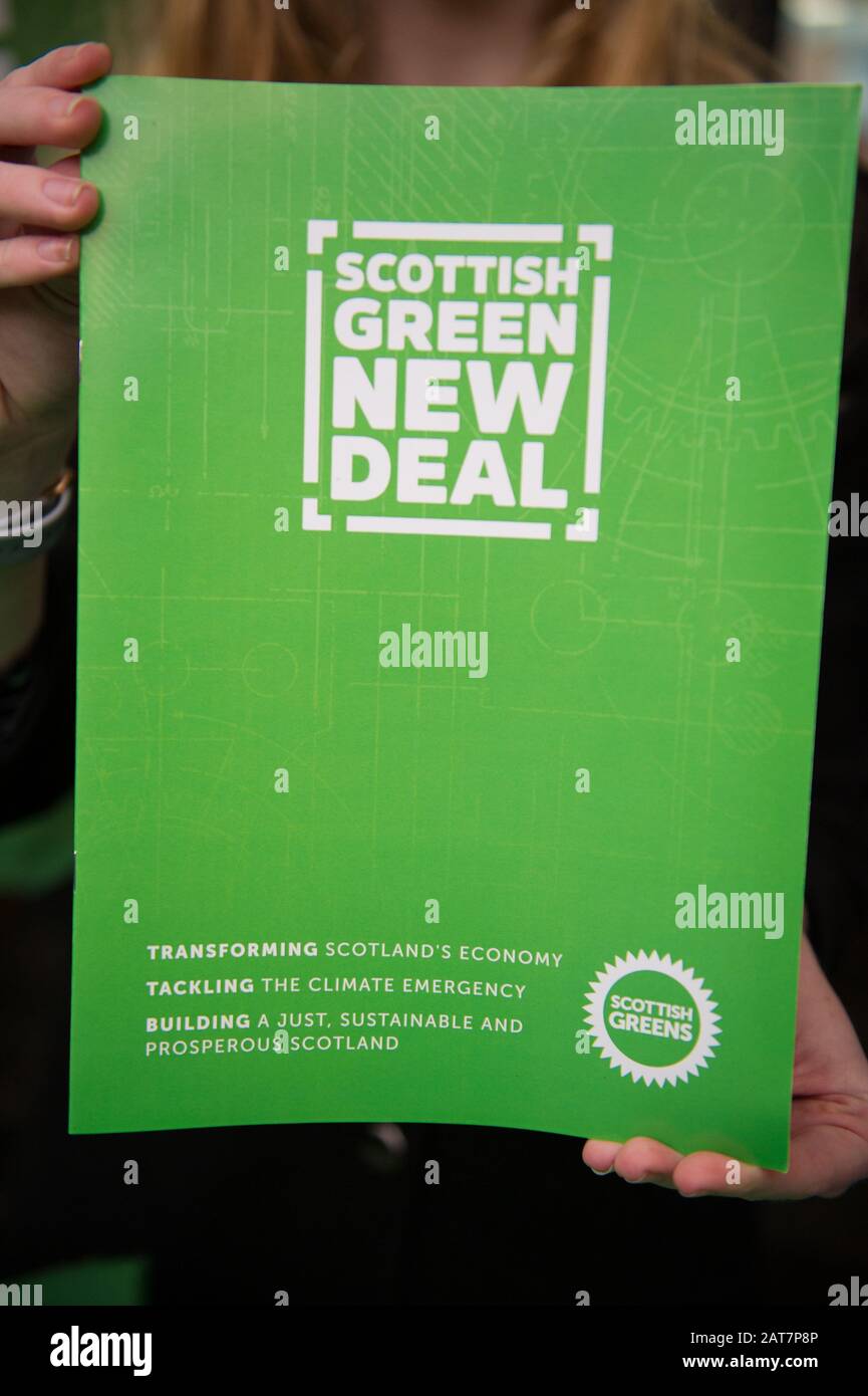 Glasgow, UK. 31st Jan, 2020. Pictured: Scottish Green New Deal booklet from the Scottish Green Party. On the day the UK leaves the European Union, the Scottish Greens stage a major rally to launch a new Green Yes campaign for Scotland to re-join the EU as an independent nation. Scottish Greens co-leader Patrick Harvie is joined by Ska Keller MEP, president of the Green group in the European Parliament, who will give a speech. Credit: Colin Fisher/Alamy Live News Stock Photo
