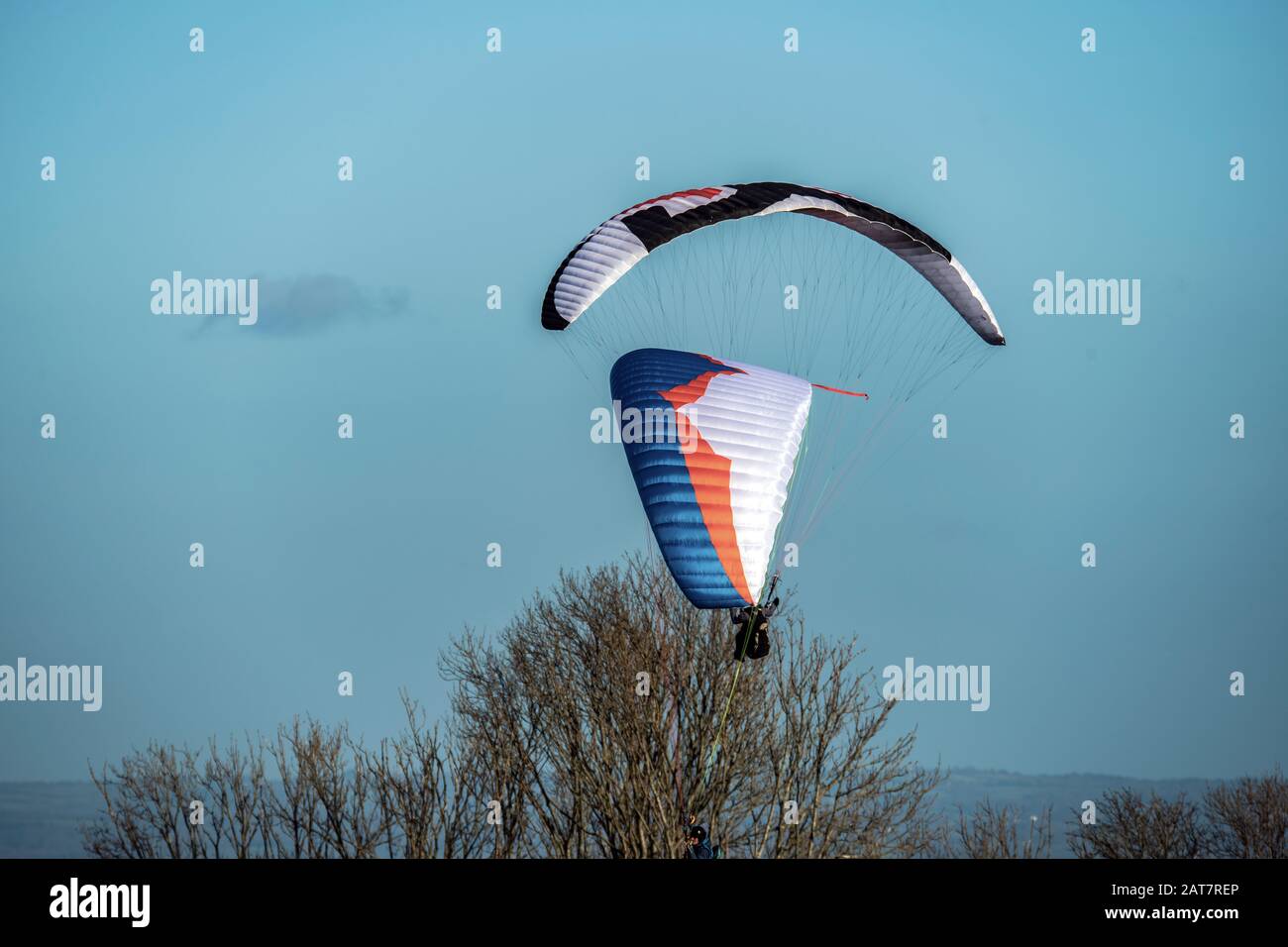 Paraglider and pilot at Firle Beacon, East Sussex, England Stock Photo