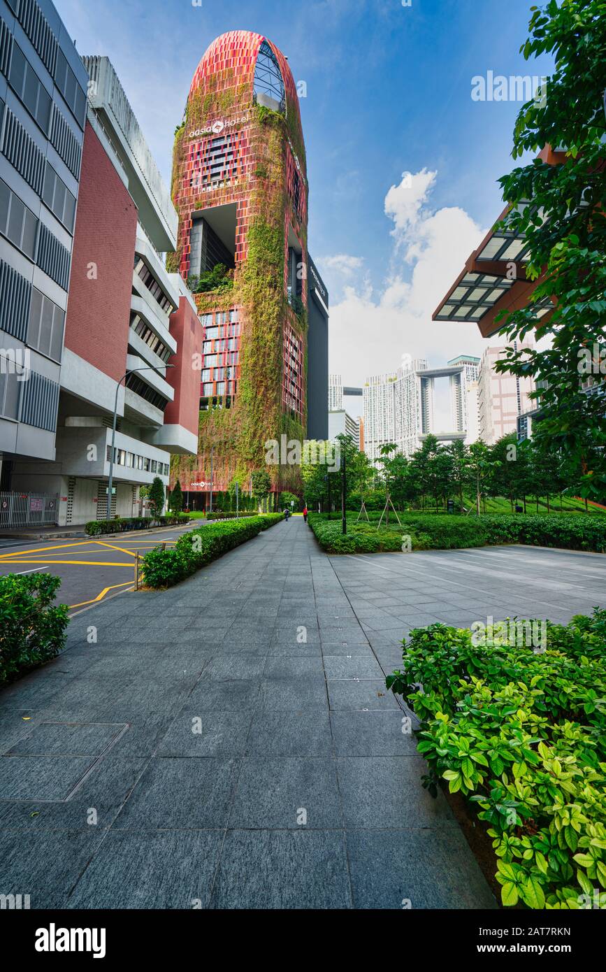 Singapore. January 2020.  Oasia Hotel building is a verdant tower of green in the heart of Singapore’s dense Central Business District. Stock Photo