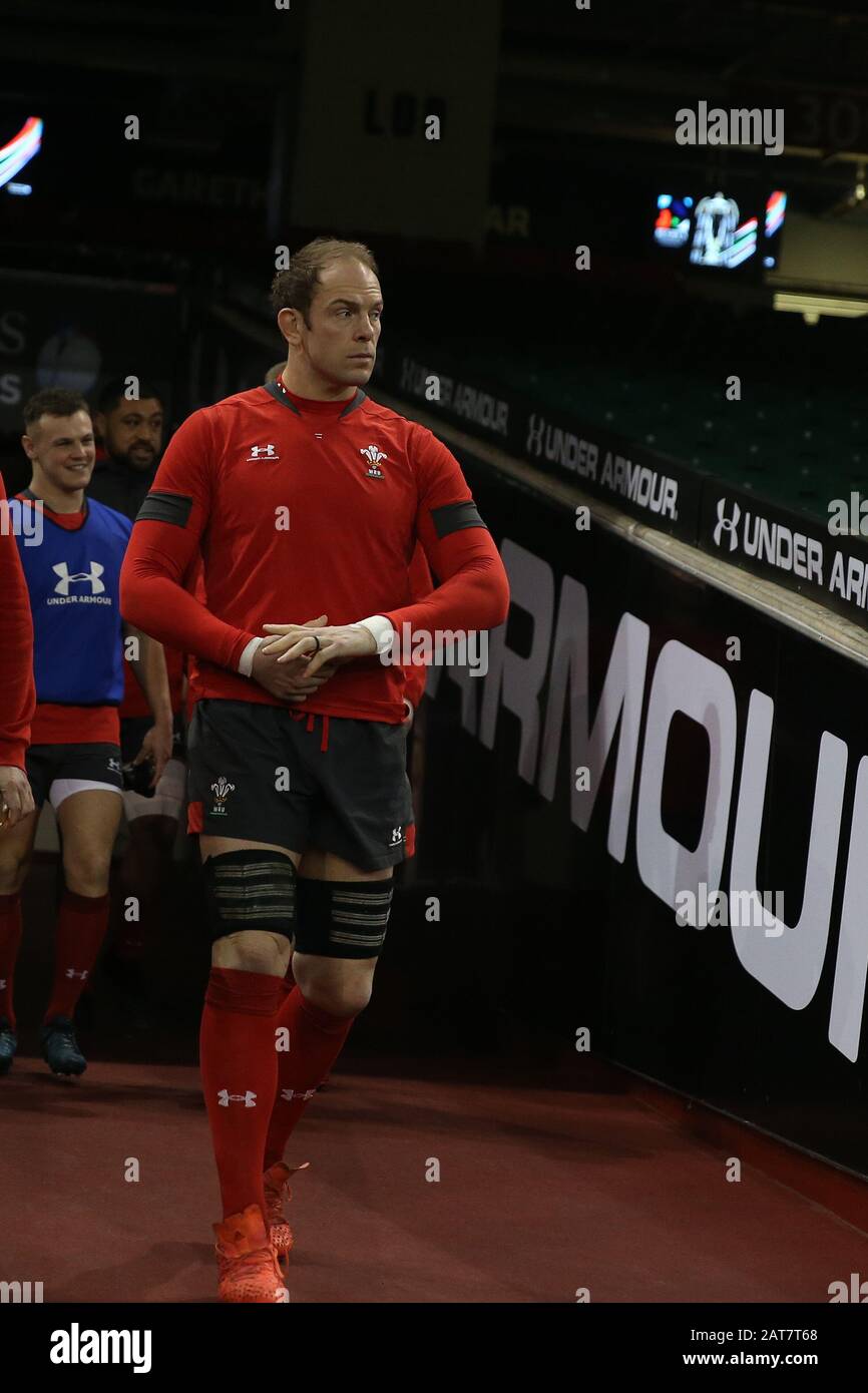 Cardiff, UK. 31st Jan, 2020. Alun Wyn Jones, the Wales rugby team captain arrives for the Wales rugby captains run at the Principality Stadium in Cardiff, South Wales on Friday 31st January 2020 the team are preparing for their opening Guinness Six nations championship match against Italy tomorrow. pic by Andrew Orchard/Alamy Live News Stock Photo