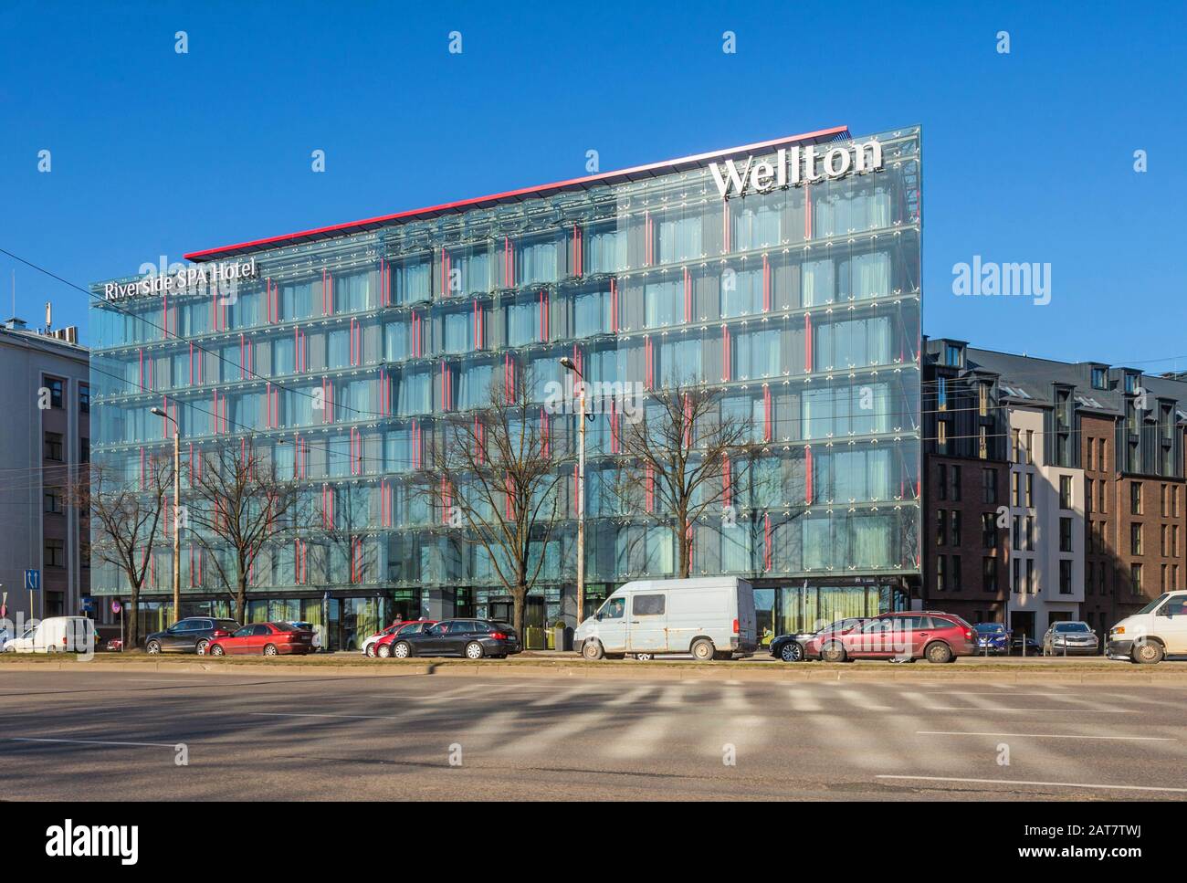 MARCH 22, 2019 - RIGA, LATVIA: Modern hotel building of Wellton Riverside  SPA hotel (11. novembra krastmala 33 Stock Photo - Alamy