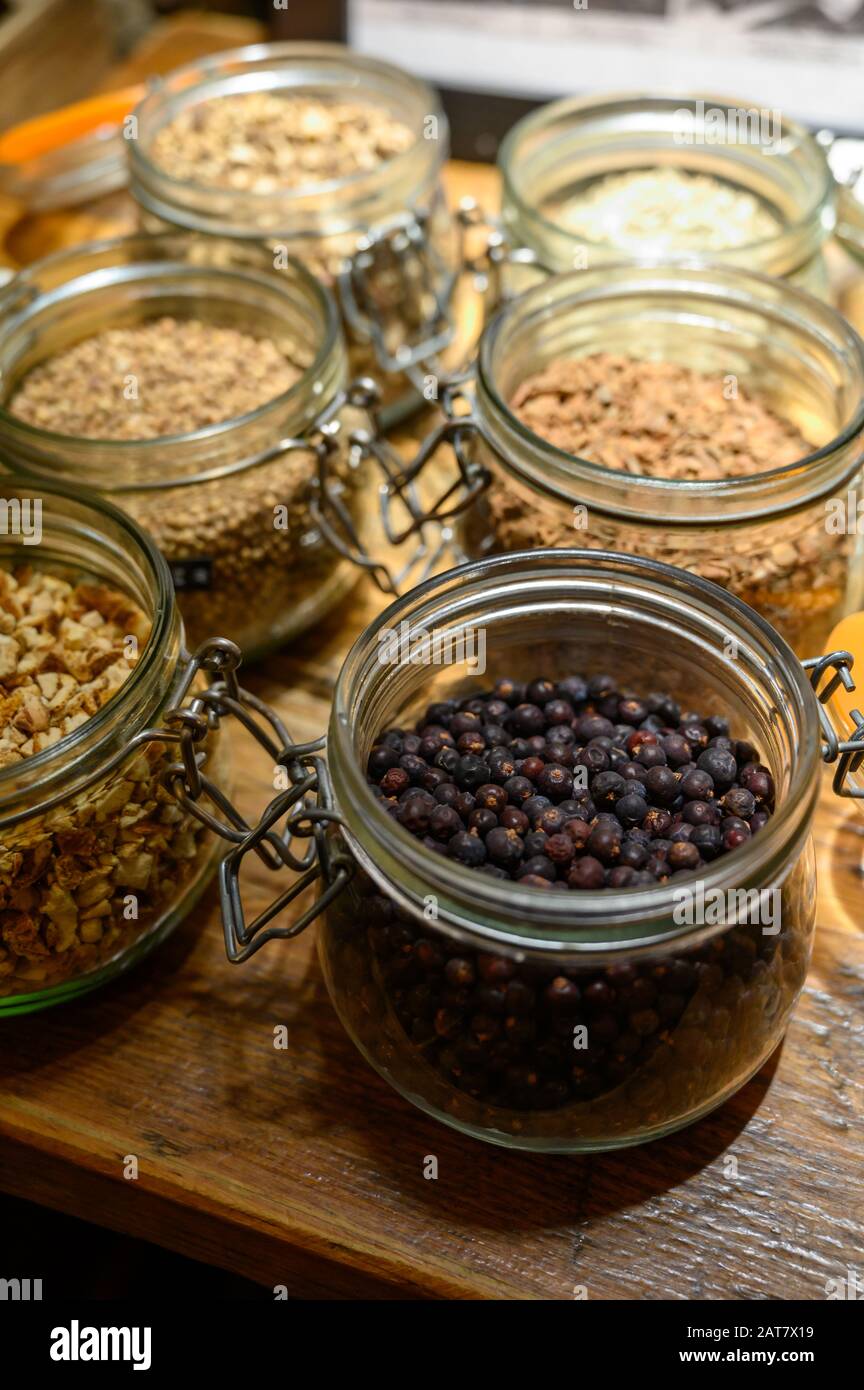 Tastes of gin, botanicals ingredients for gin distillery process, dried
