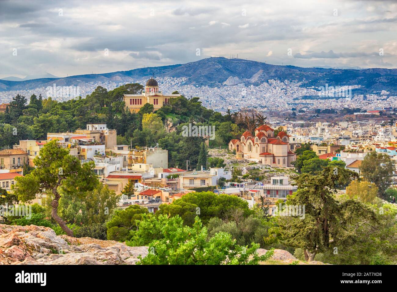 Building of the National Observatory of Athens, and St. Marina Church on the top of the Nymphs Hill in Thissio district, Athens, Greece Stock Photo