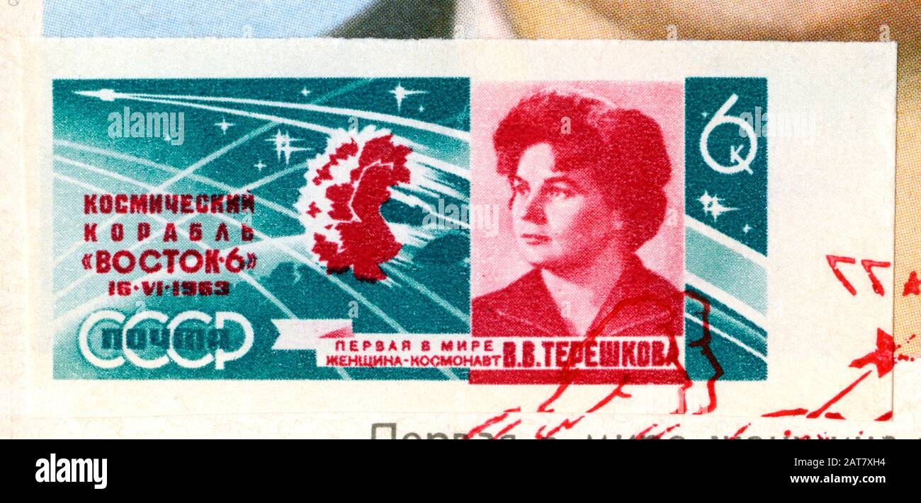 Stamp print in USSR,1963,astronaut Tereshkova,spaceship Vostok -6 Stock Photo